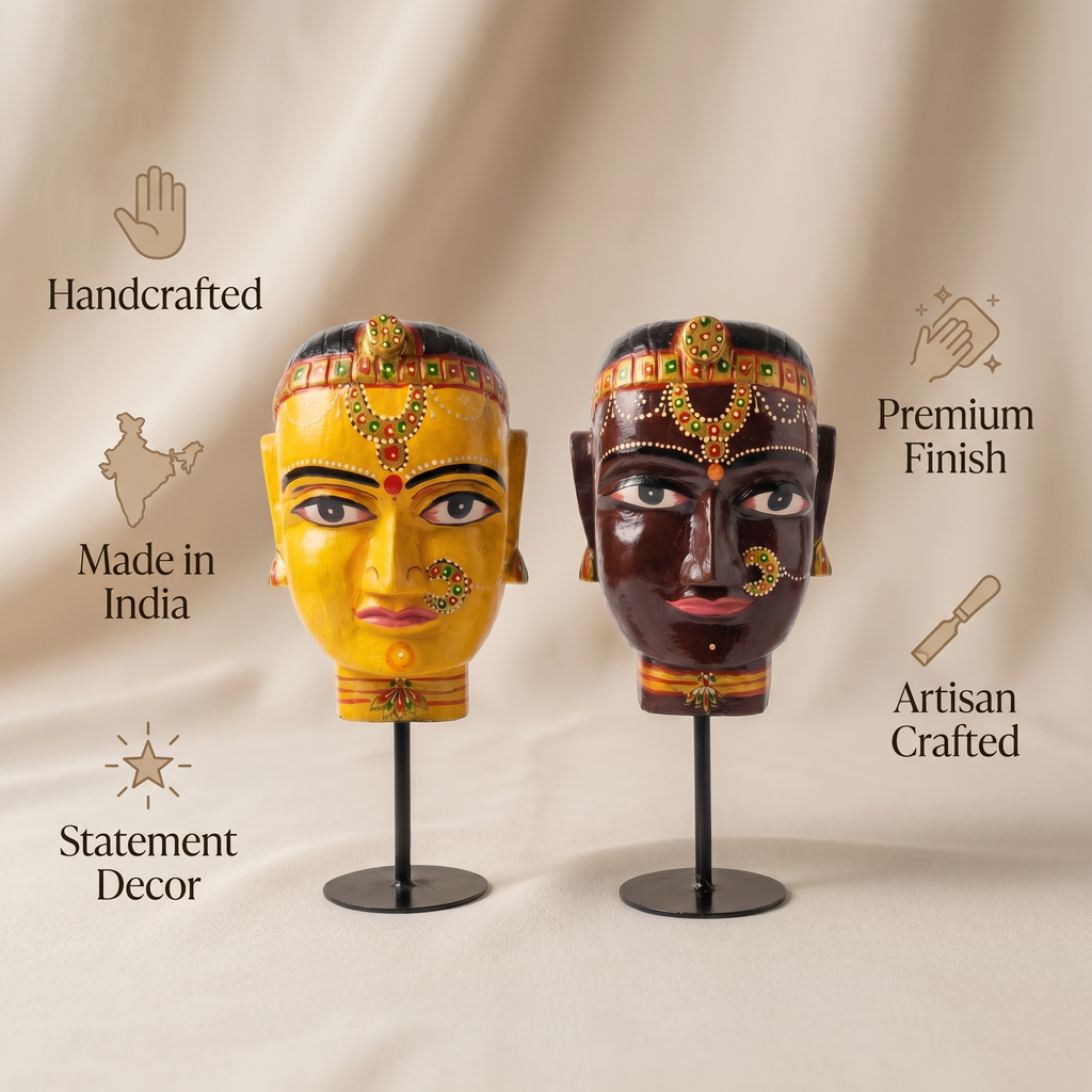 (Set of 2) Gauri Head on Iron Stand | Yellow & Brown | 30x16x16cm