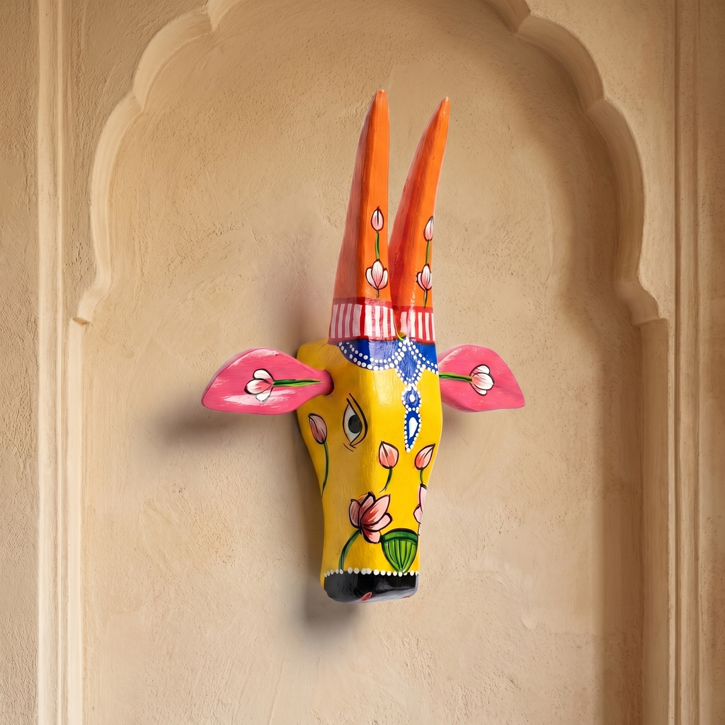 Handpainted Wooden Nandi/Cow Wall Decor | Yellow | 8x7x2 Inches