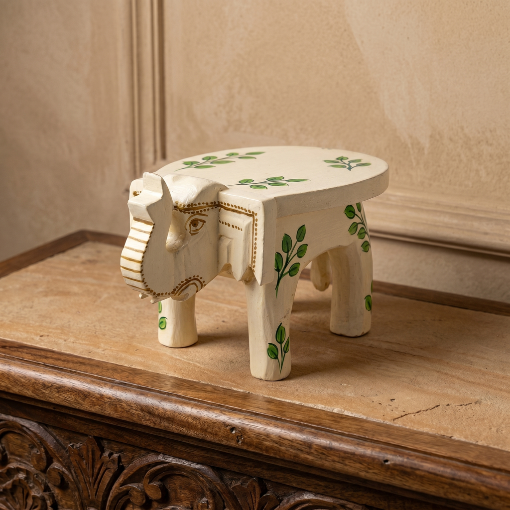Wooden Elephant Stool | Off-white with Leaf Motifs | 7x5x4 inches