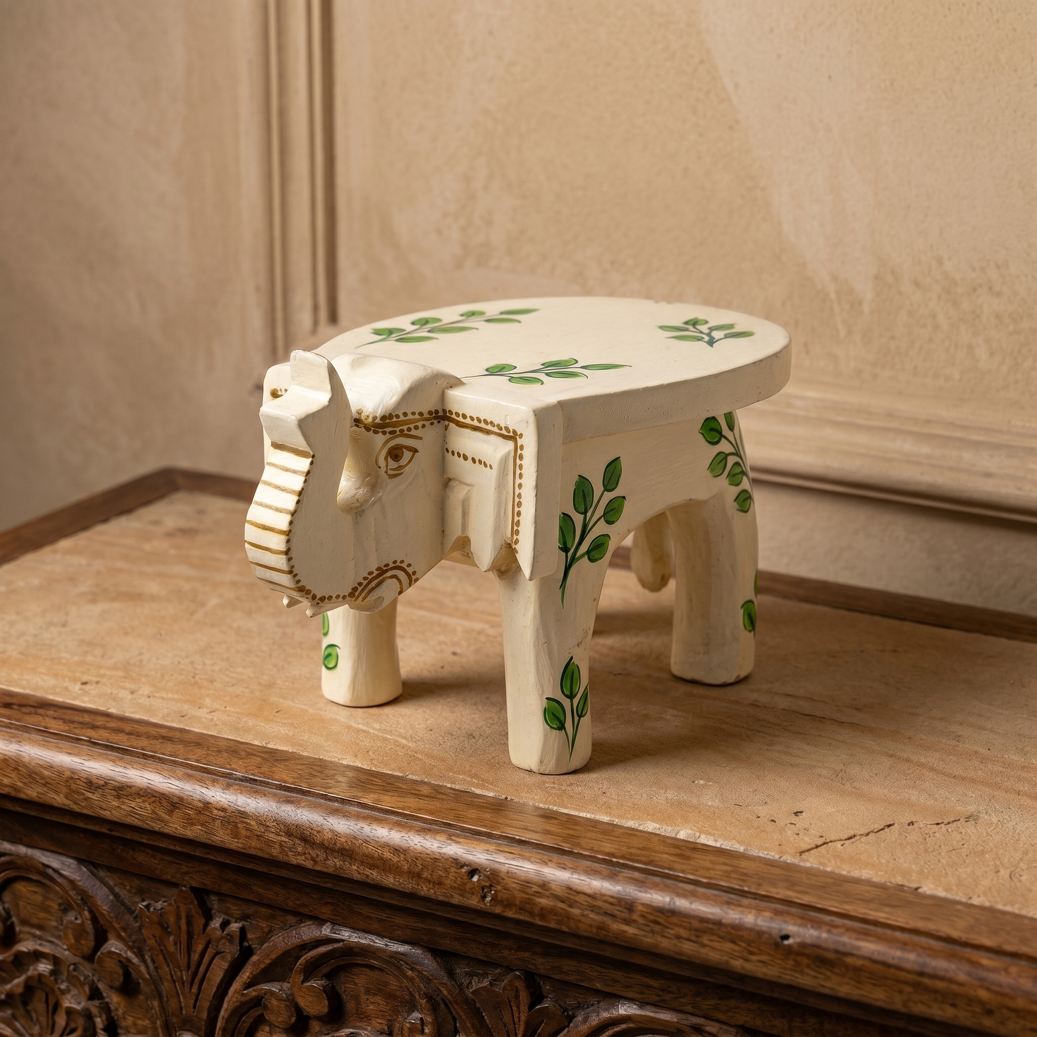 Wooden Elephant Stool | Off-white with Leaf Motifs | 7x5x4 inches