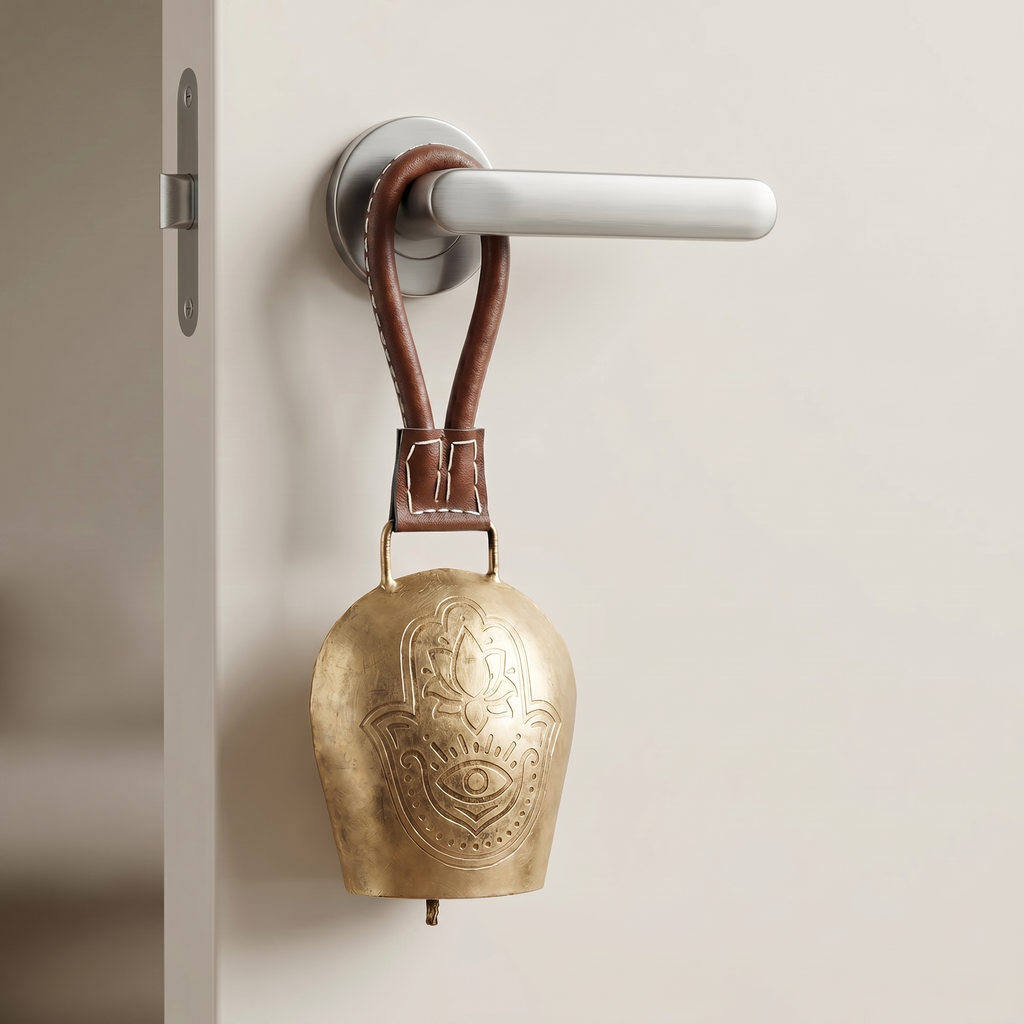 Cow Bell Brass Finish | Lotus + Evil eye motif | 11 inches