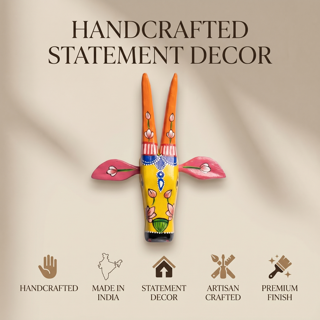 Handpainted Wooden Nandi/Cow Wall Decor | Yellow | 8x7x2 Inches