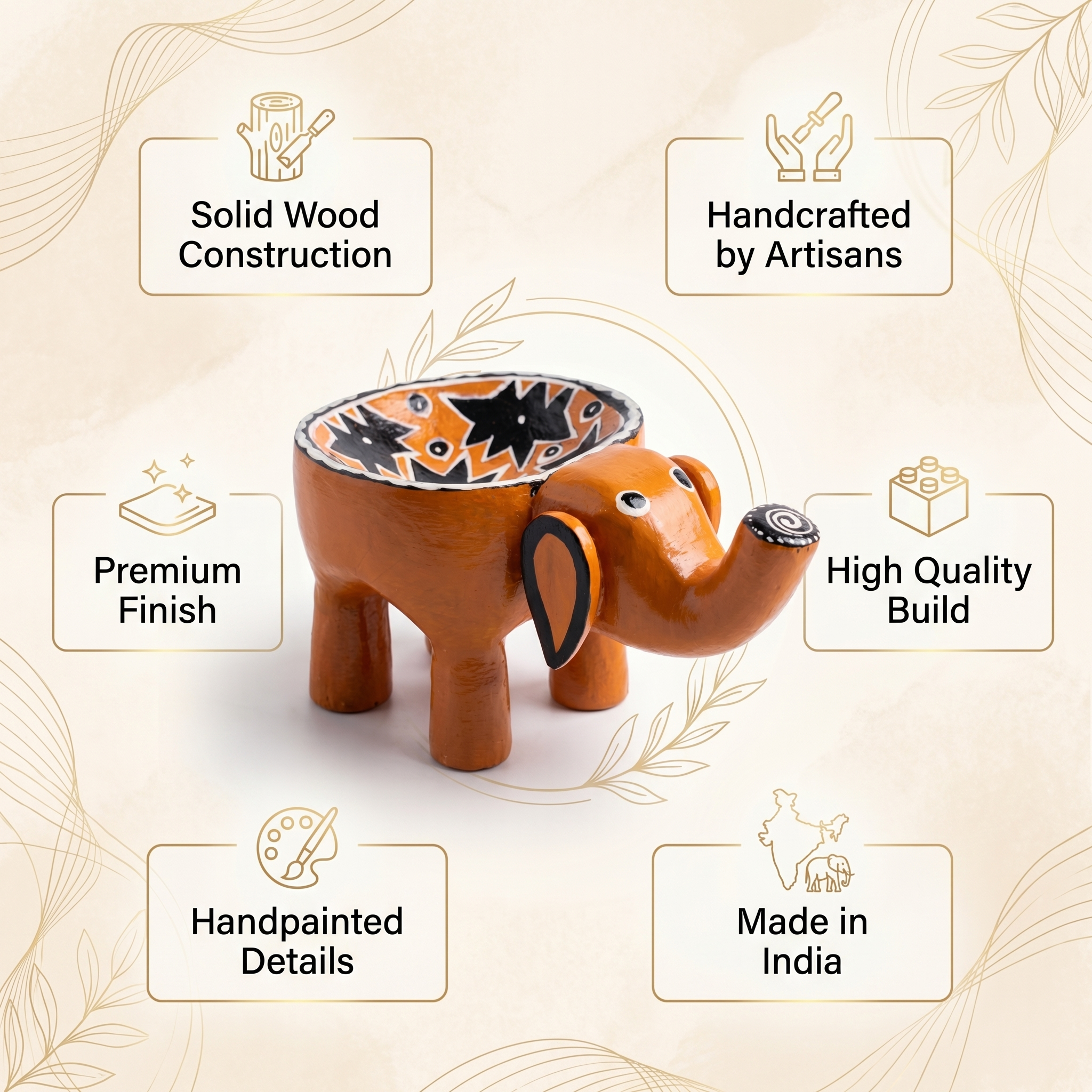 Wooden Elephant Bowl | Table Decor | Orange | 7x4x4 inches