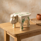 Wooden Elephant Stool | Off-white with Leaf Motifs | 7x5x4 inches