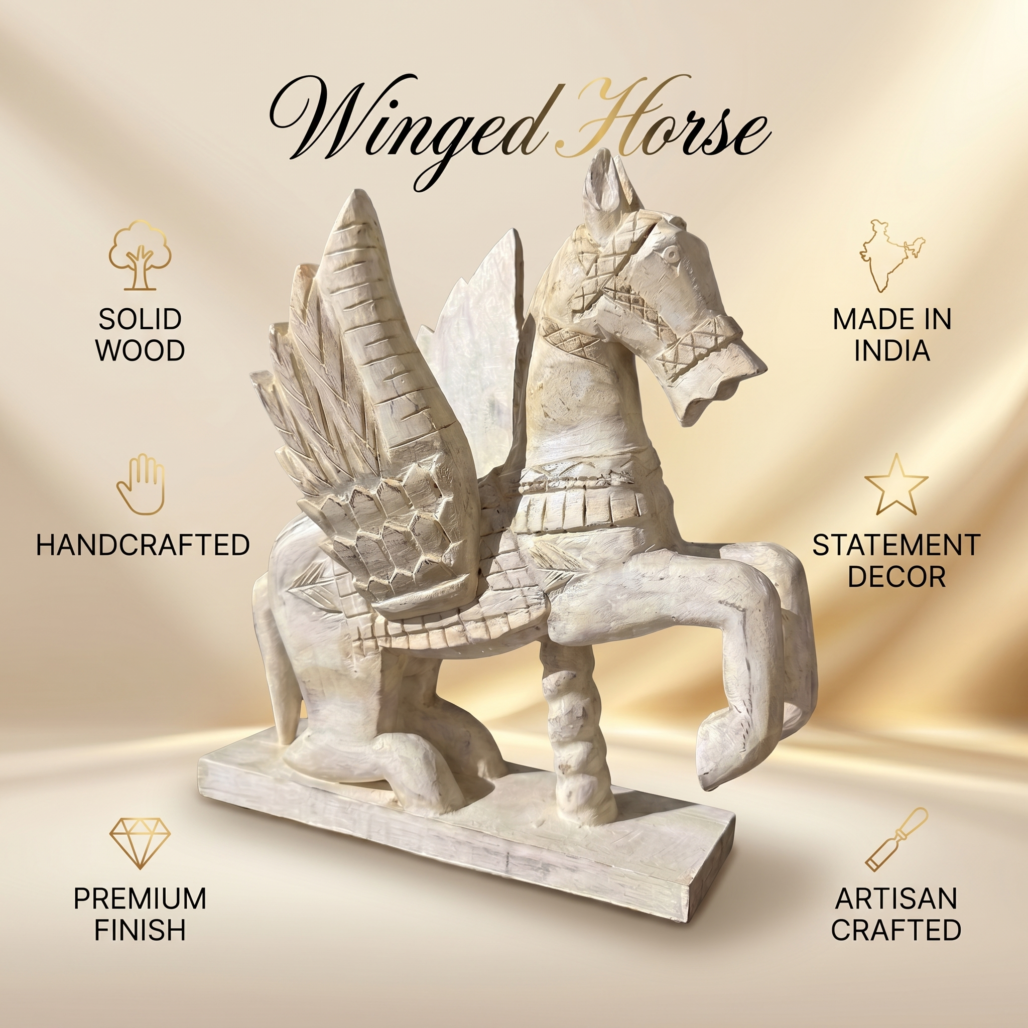 Wooden Flying Horse | White/Cream | 33x30x14cm
