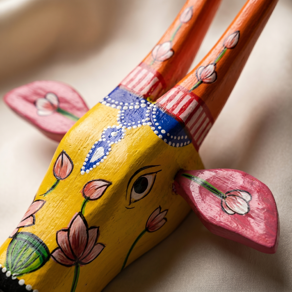 Handpainted Wooden Nandi/Cow Wall Decor | Yellow | 8x7x2 Inches