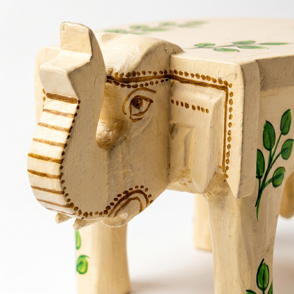 Wooden Elephant Stool | Off-white with Leaf Motifs | 7x5x4 inches