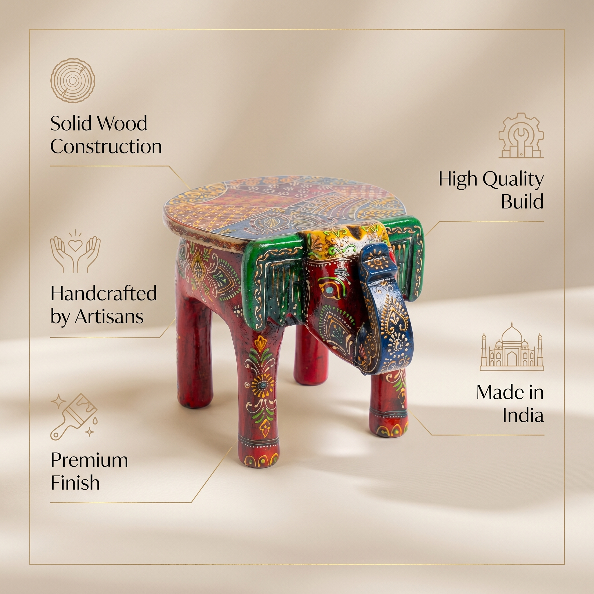 Wooden Elephant Stool | Red | 27x16x18 cm