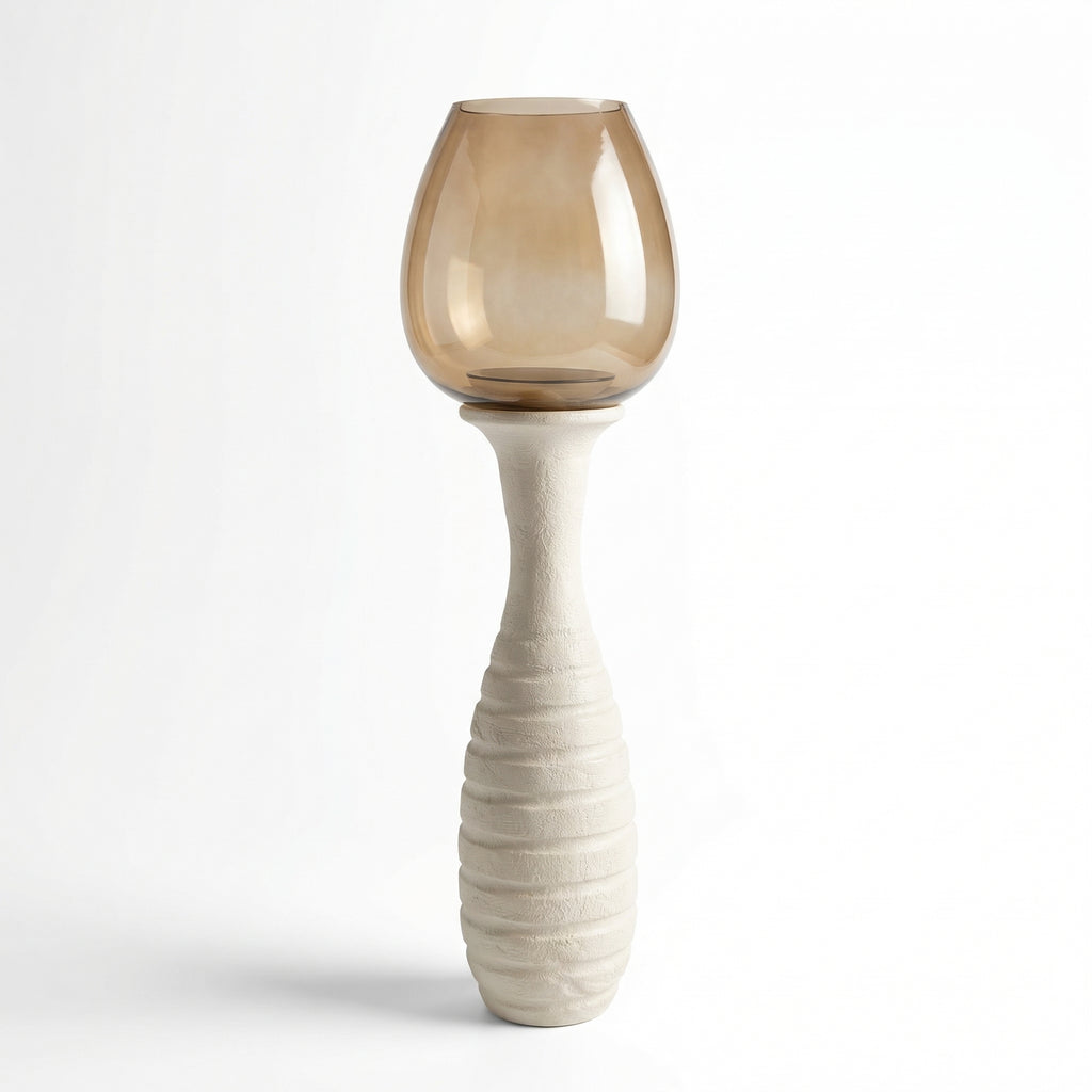 Hurricane Candle Stand | Wooden | Brown Glass 62x18x18cm