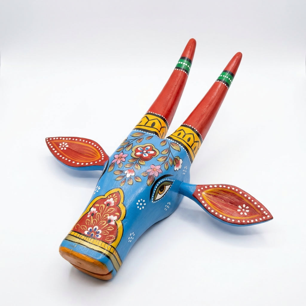 Handpainted Wooden Nandi/Cow Wall Decor | Blue | 12x11x4 Inches
