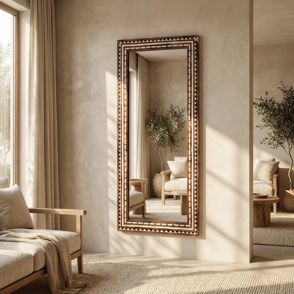 Wood Inlay Tribal Mirror | 48x20x1.5 Inch