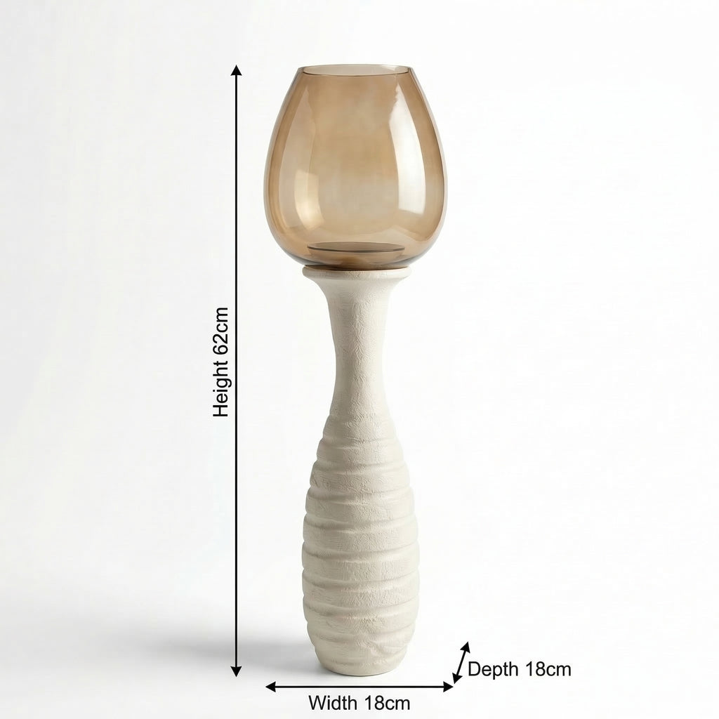 Hurricane Candle Stand | Wooden | Brown Glass 62x18x18cm