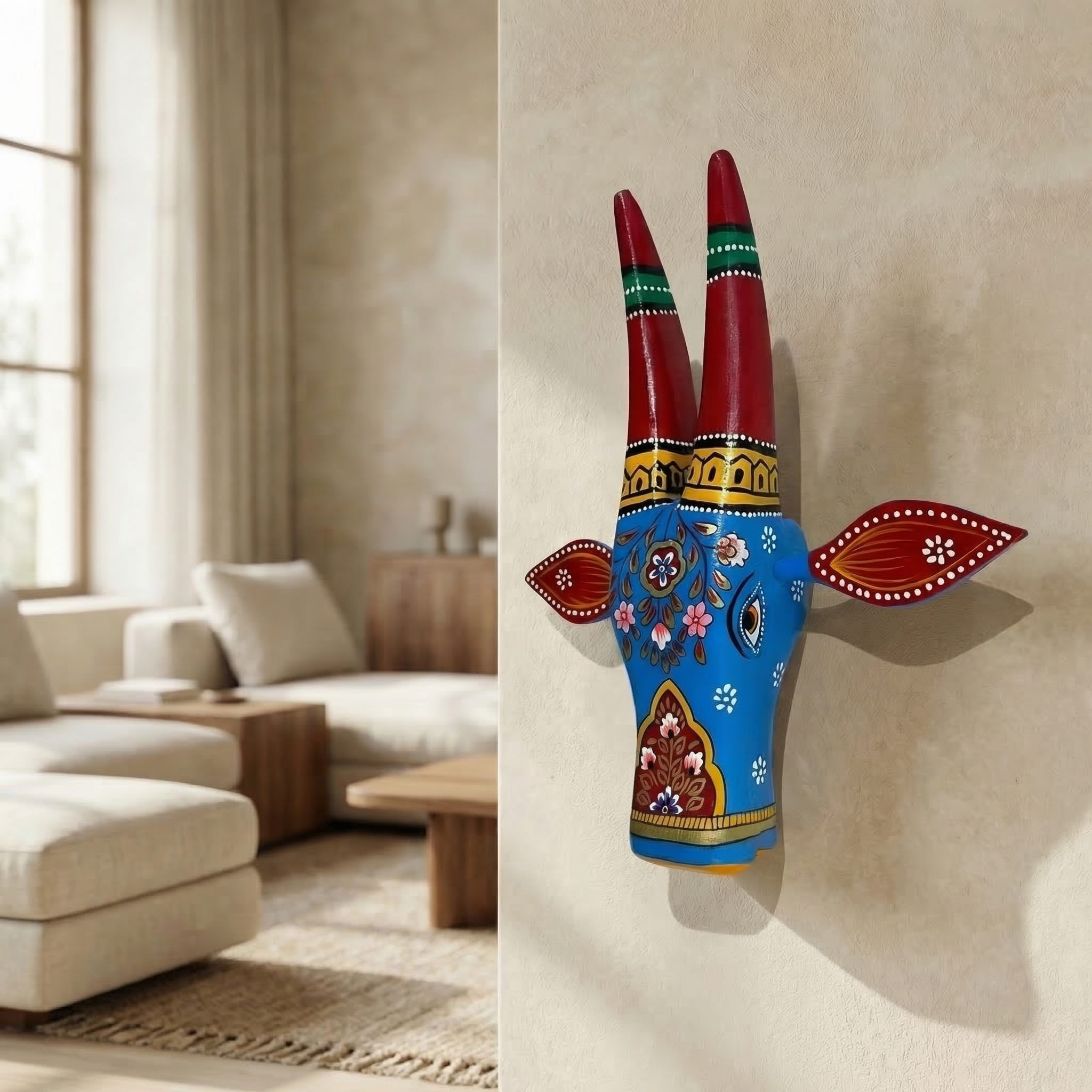 Handpainted Wooden Nandi/Cow Wall Decor | Blue | 12x11x4 Inches