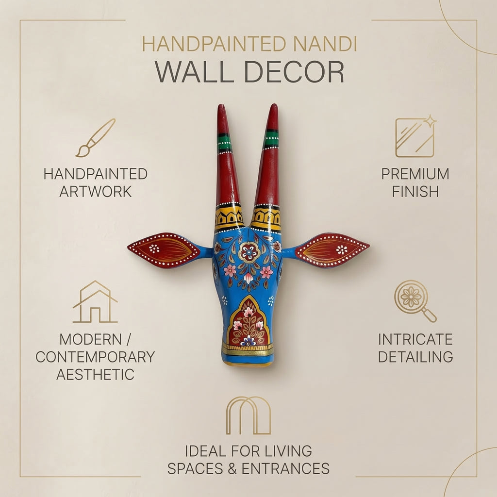Handpainted Wooden Nandi/Cow Wall Decor | Blue | 12x11x4 Inches