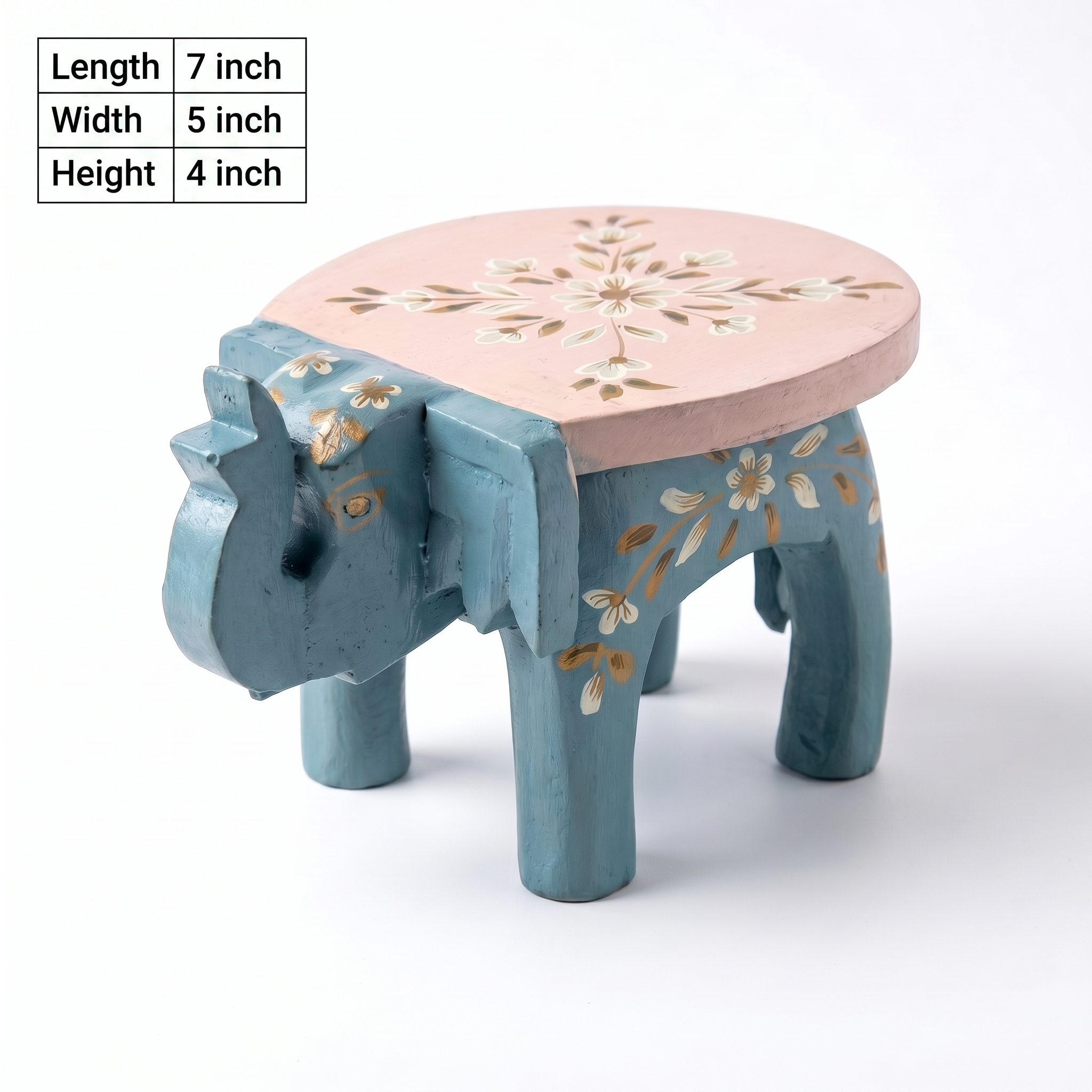 Wooden Elephant Stool | Blue-Pink with Flower Motifs | 7x5x4 inches