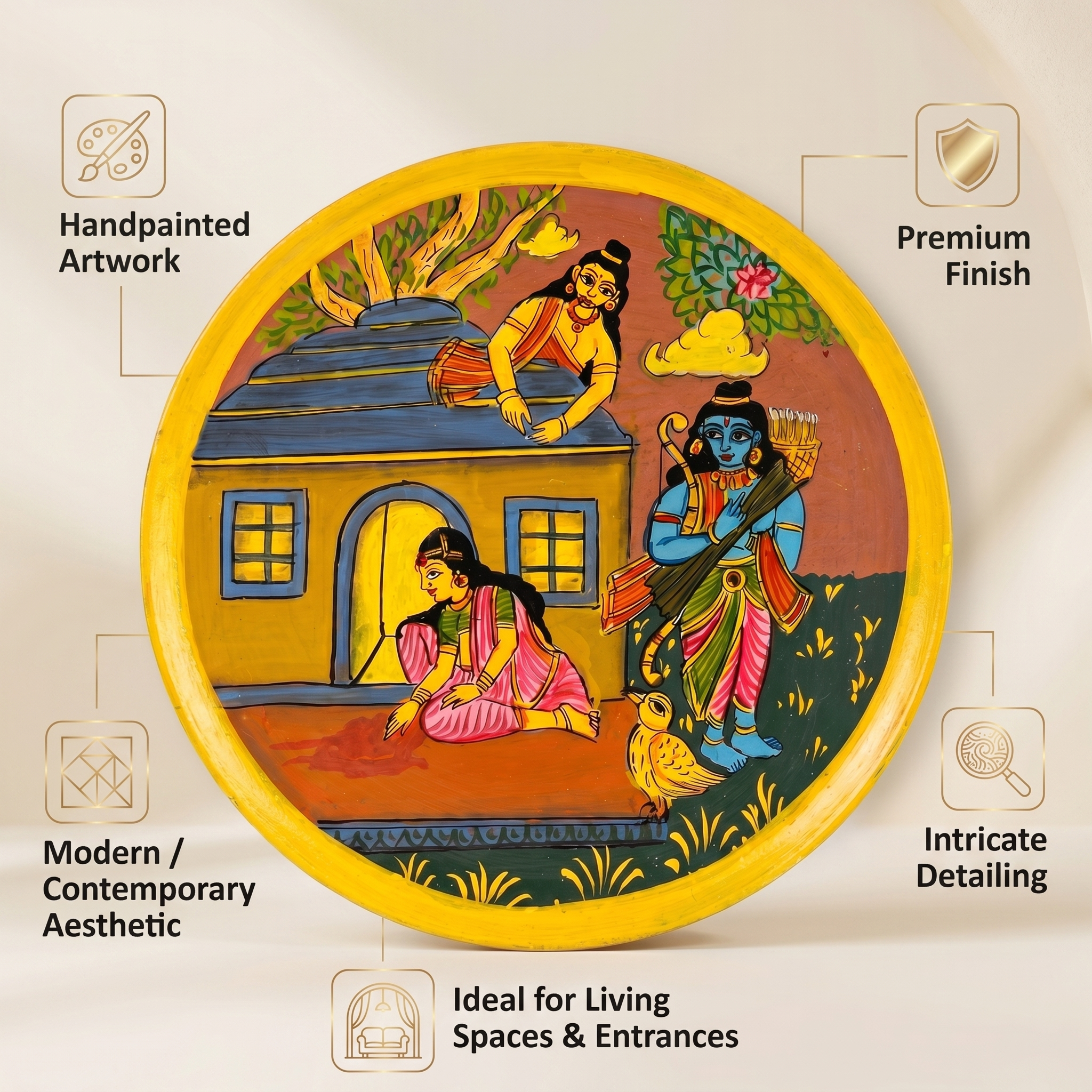 Wooden Ramayana Wall Plate | Ram, Sita & Laxman ji | 10 Inches | Handpainted