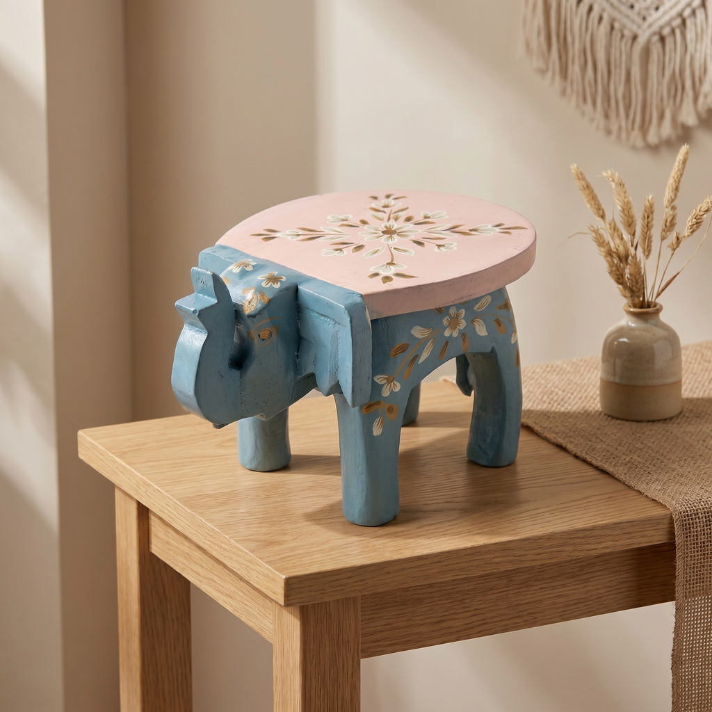 Wooden Elephant Stool | Blue-Pink with Flower Motifs | 7x5x4 inches