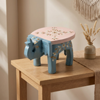 Wooden Elephant Stool | Blue-Pink with Flower Motifs | 7x5x4 inches