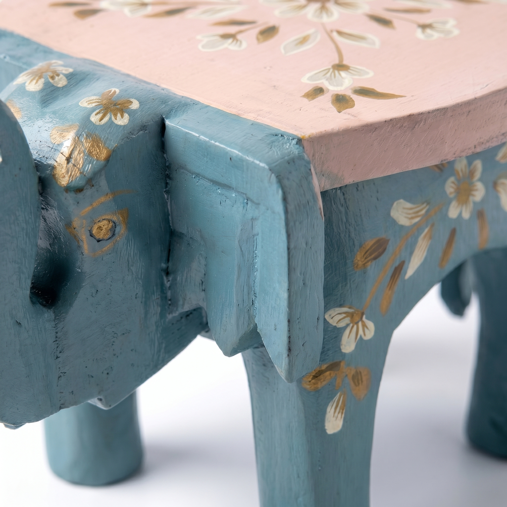 Wooden Elephant Stool | Blue-Pink with Flower Motifs | 7x5x4 inches