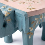 Wooden Elephant Stool | Blue-Pink with Flower Motifs | 7x5x4 inches