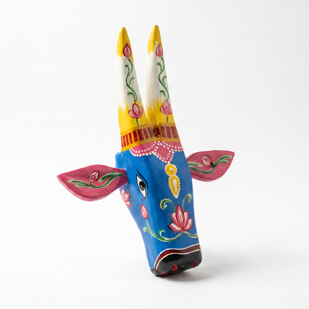 Handpainted Wooden Nandi/Cow Wall Decor | Blue | 8x7x2 Inches