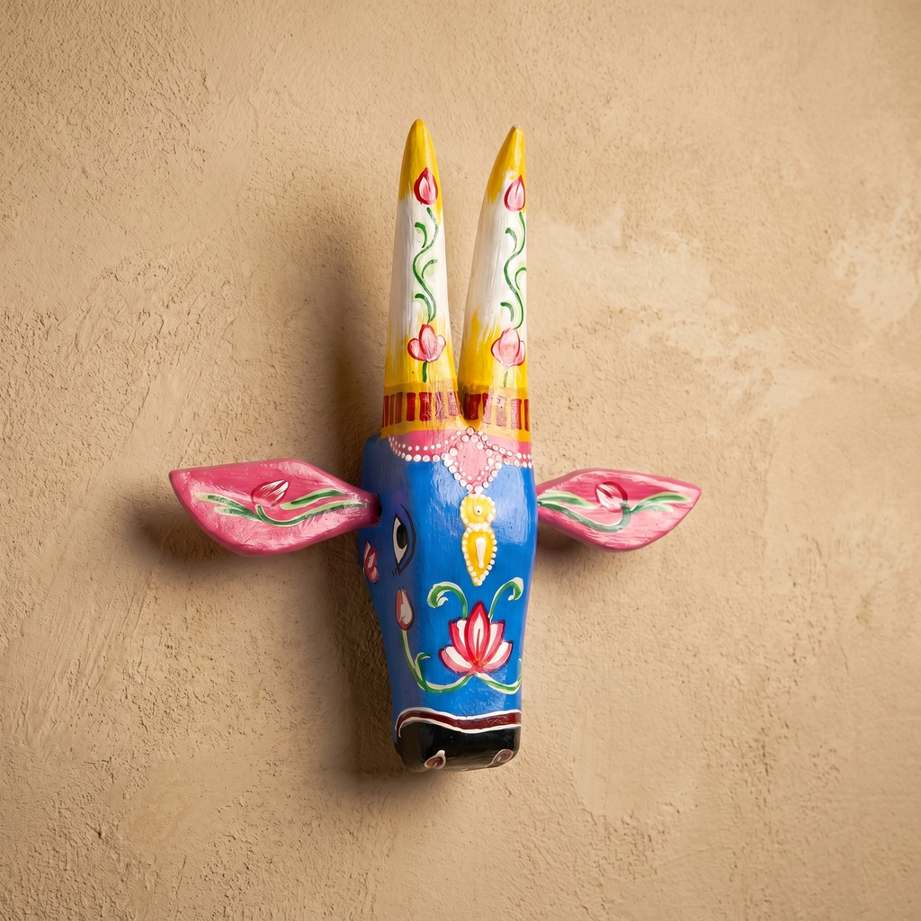 Handpainted Wooden Nandi/Cow Wall Decor | Blue | 8x7x2 Inches