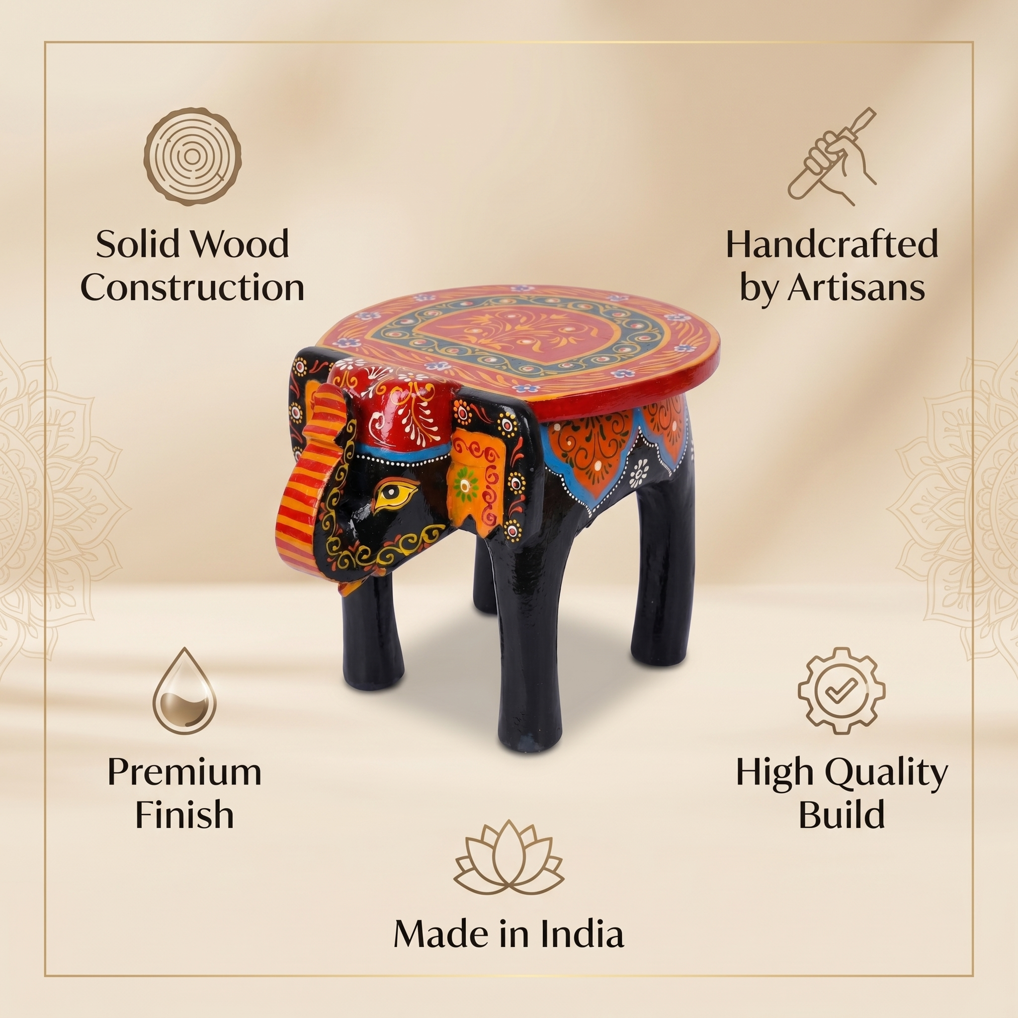 Wooden Elephant Stool | Black | 27x16x18 cm