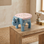 Wooden Elephant Stool | Blue-Pink with Flower Motifs | 7x5x4 inches