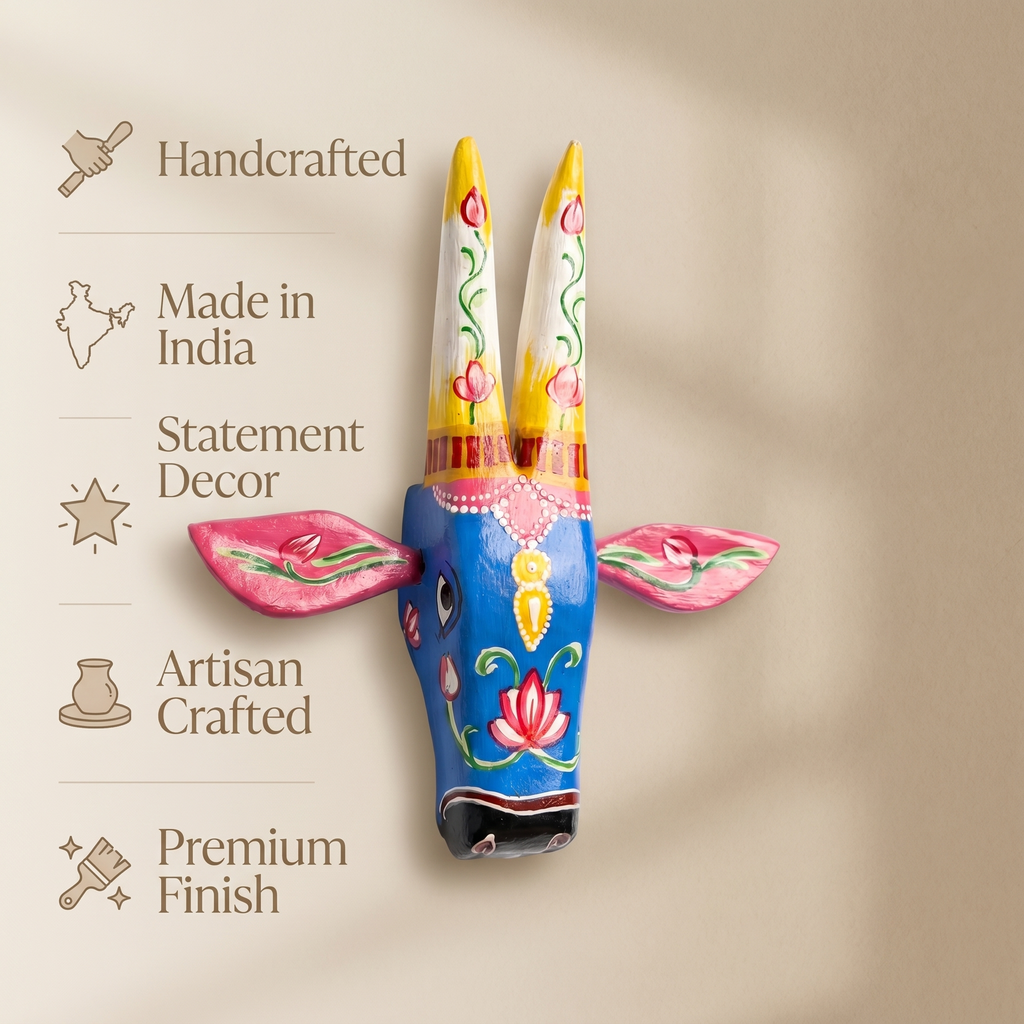 Handpainted Wooden Nandi/Cow Wall Decor | Blue | 8x7x2 Inches
