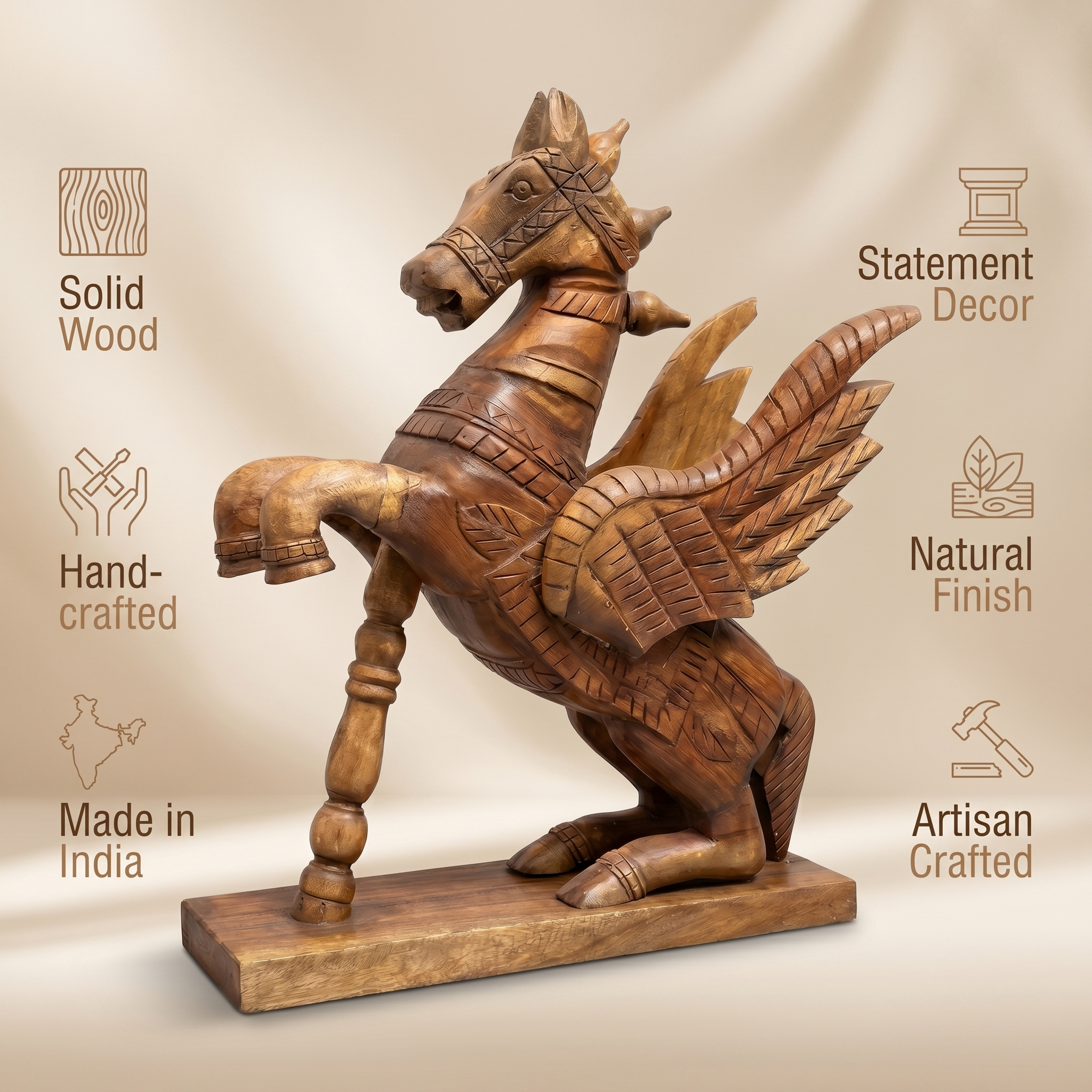 Wooden Flying Horse | Natural | 55x46x17cm