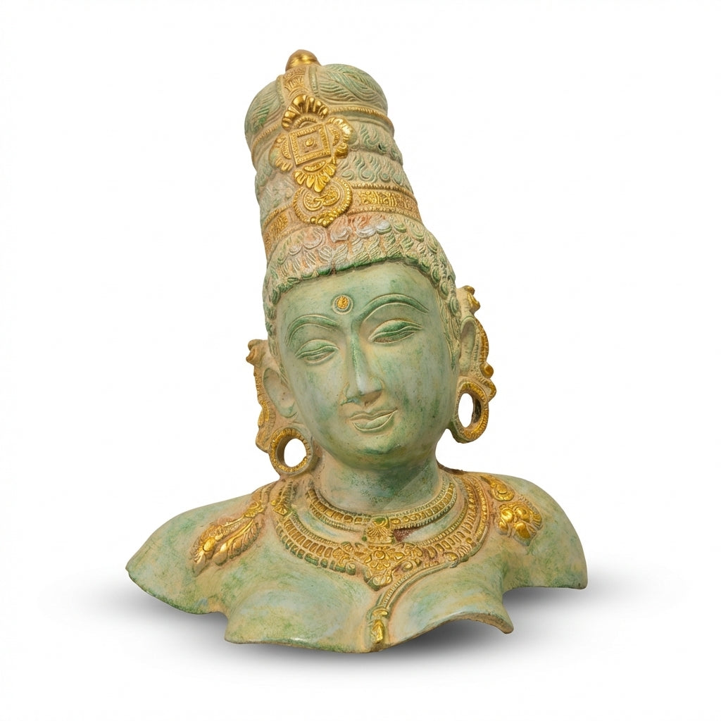 Brass Ma Parvati Idol | 12.6x9.1x7.3 Inches | Stone Green Finish | 5.4 Kg Approx