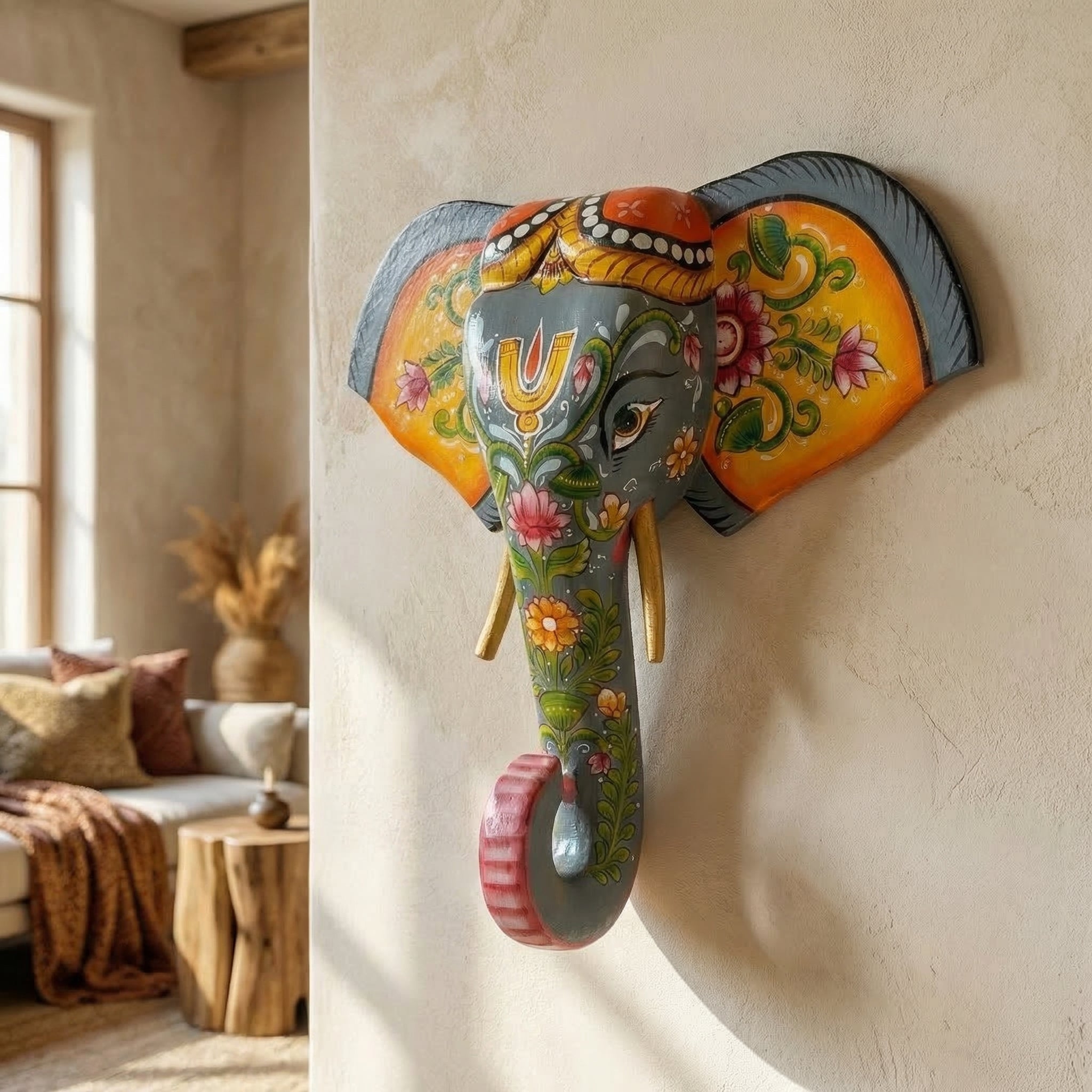 Handpainted Wooden Elephant Decor | Grey | 15x14x4 Inch