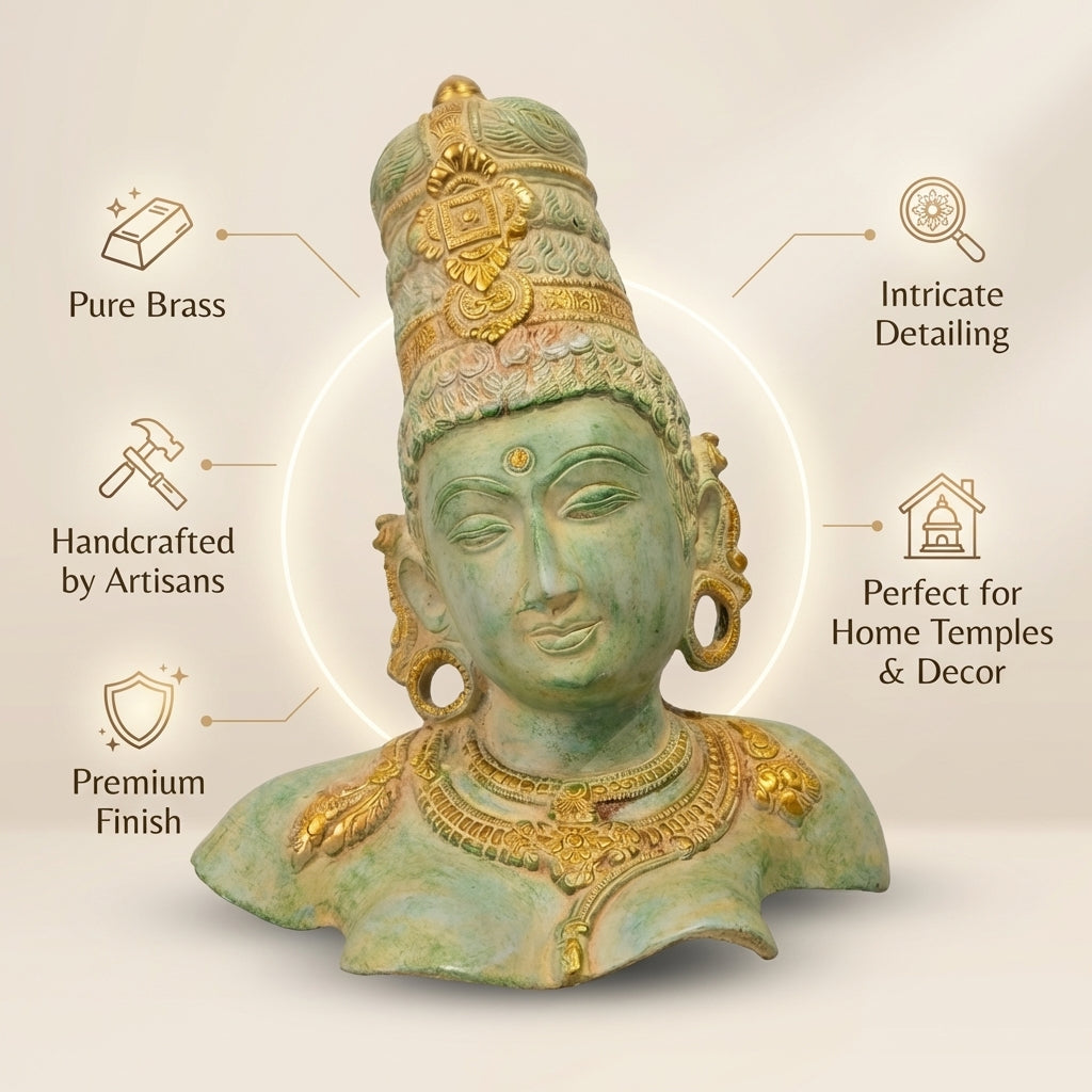 Brass Ma Parvati Idol | 12.6x9.1x7.3 Inches | Stone Green Finish | 5.4 Kg Approx