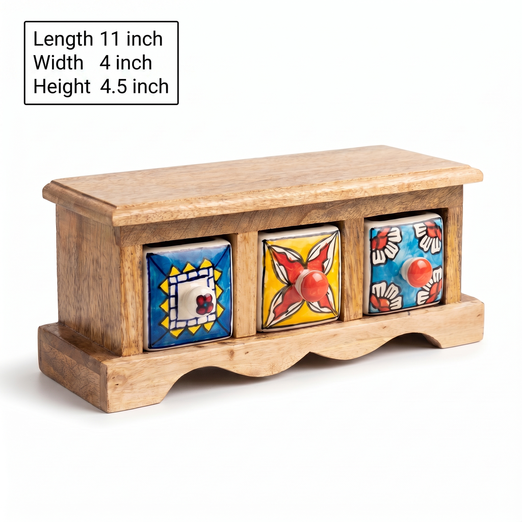 Wooden 3 drawer chest | Ceramic Drawer | 11x4x4.5 Inch