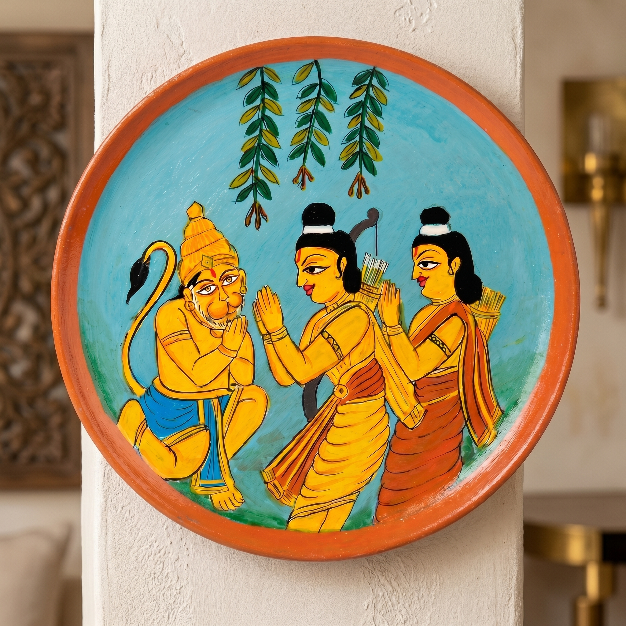 Wooden Ramayana Wall Plate | Ram, Laxman & Hanuman ji | 10 Inches | Handpainted