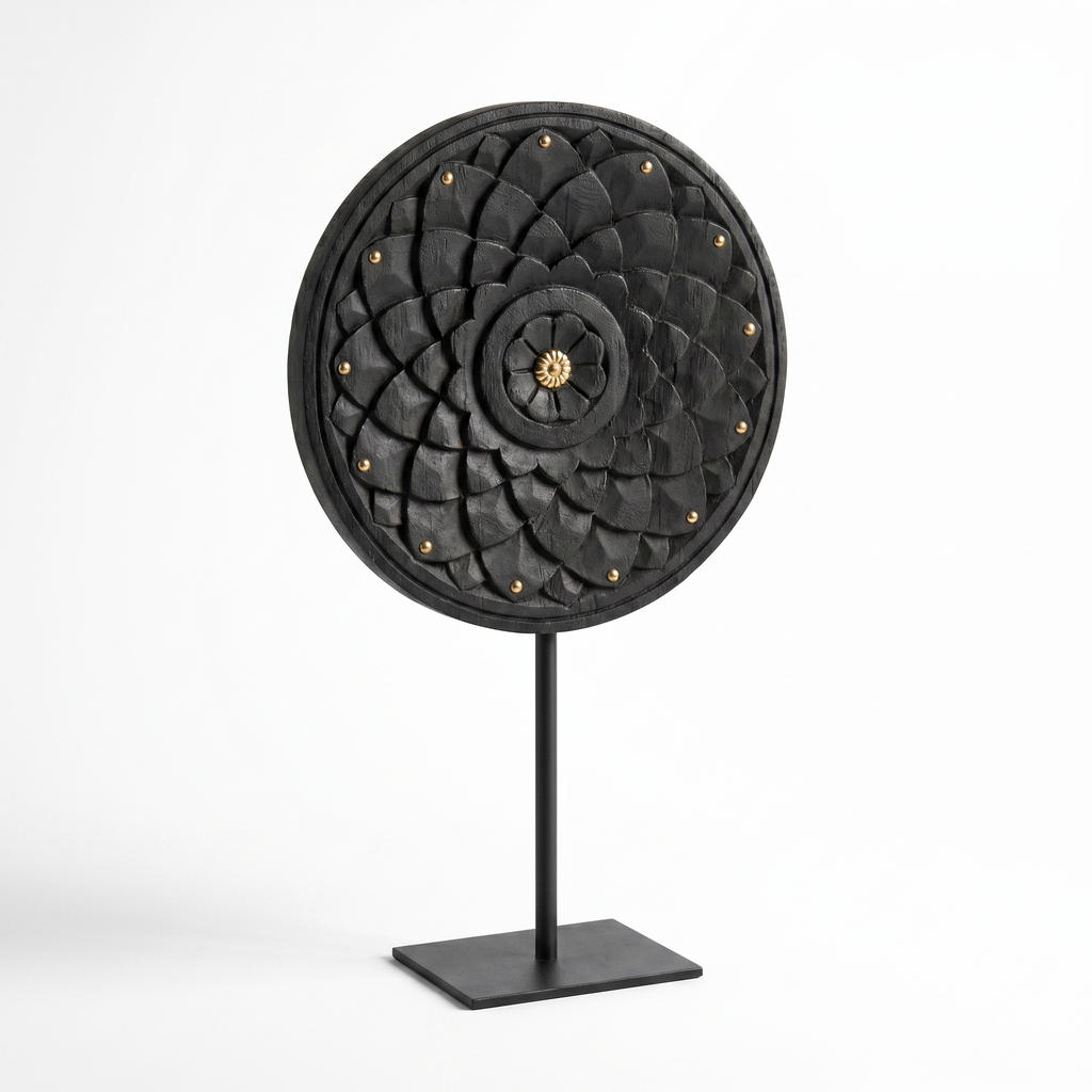 Round Wooden Table Decor | Black - Brass fittings| 15x9x3 Inch