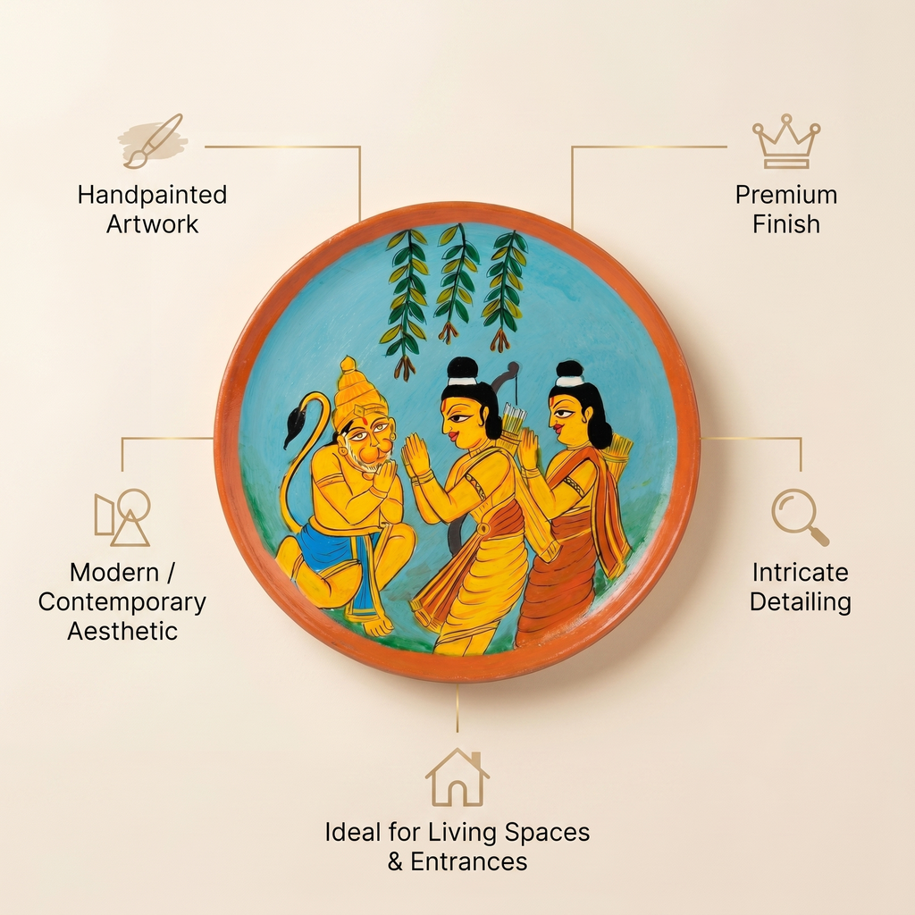Wooden Ramayana Wall Plate | Ram, Laxman & Hanuman ji | 10 Inches | Handpainted
