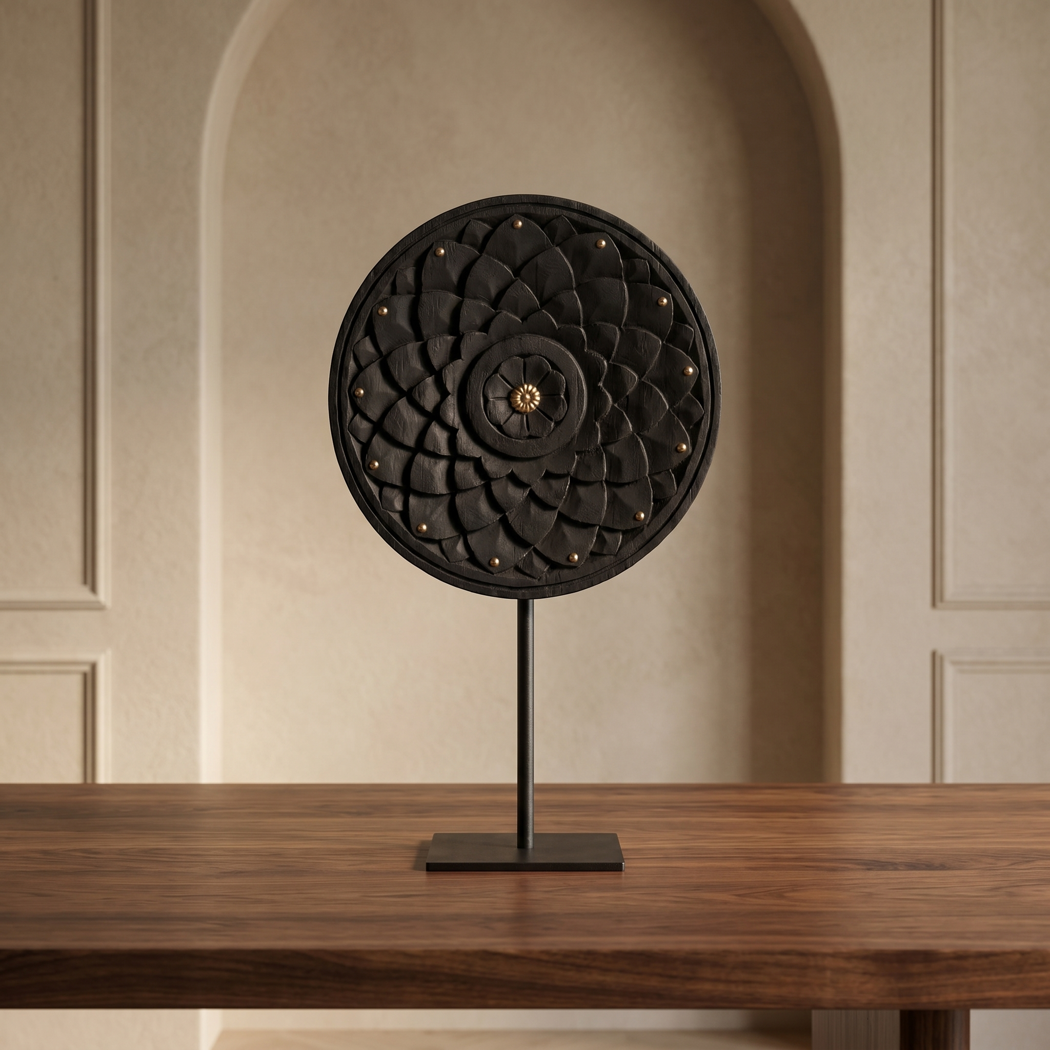 Round Wooden Table Decor | Black - Brass fittings| 15x9x3 Inch