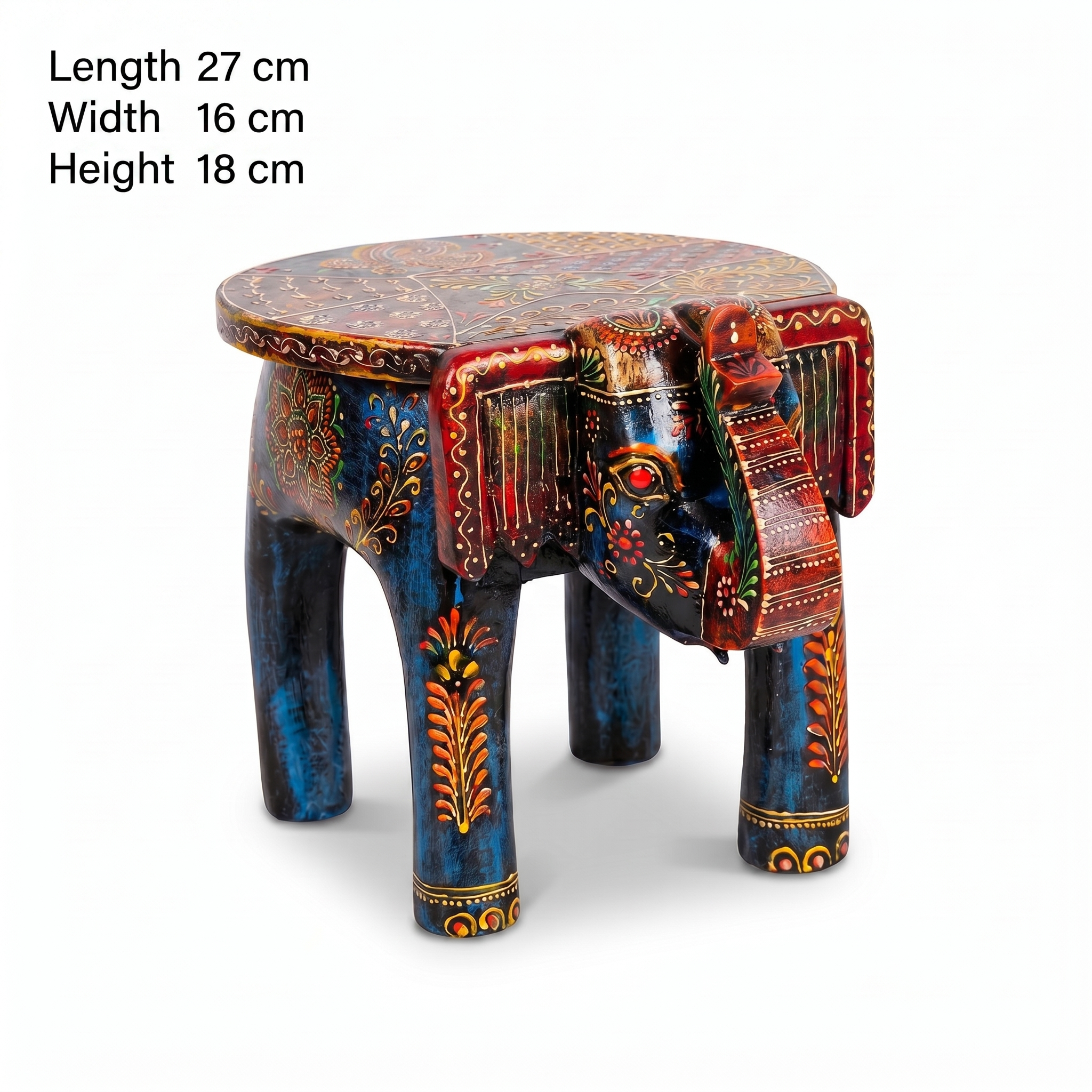 Wooden Elephant Stool | Blue | 27x16x18 cm