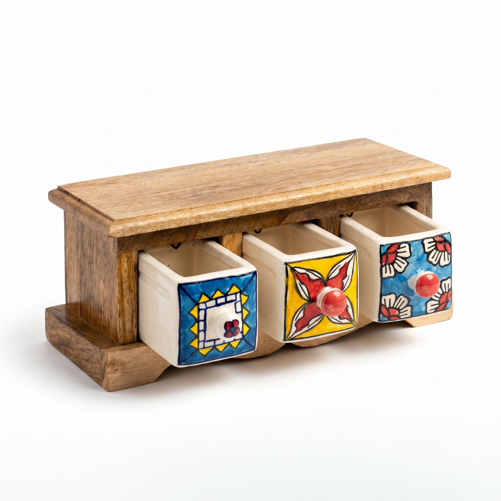 Wooden 3 drawer chest | Ceramic Drawer | 11x4x4.5 Inch