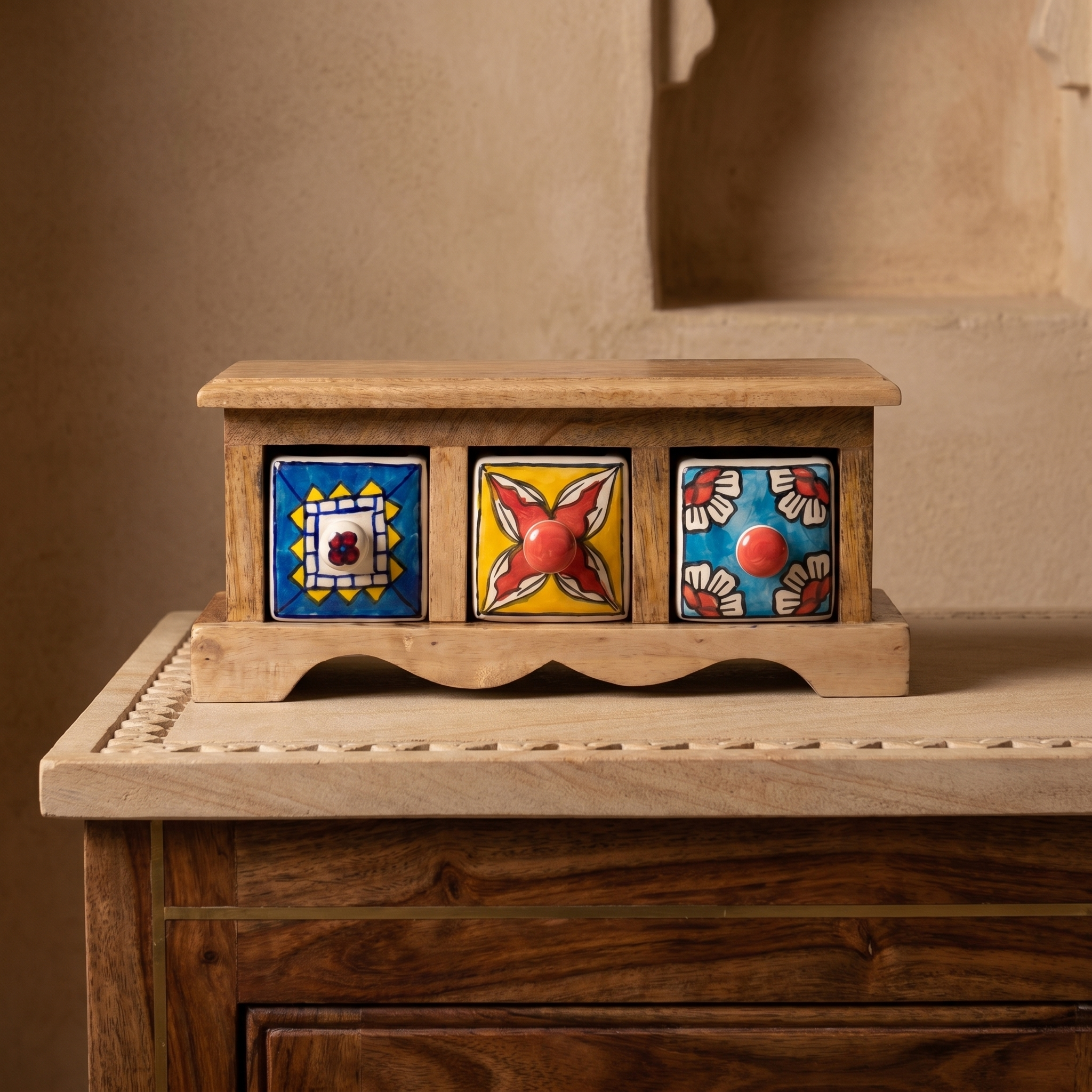 Wooden 3 drawer chest | Ceramic Drawer | 11x4x4.5 Inch