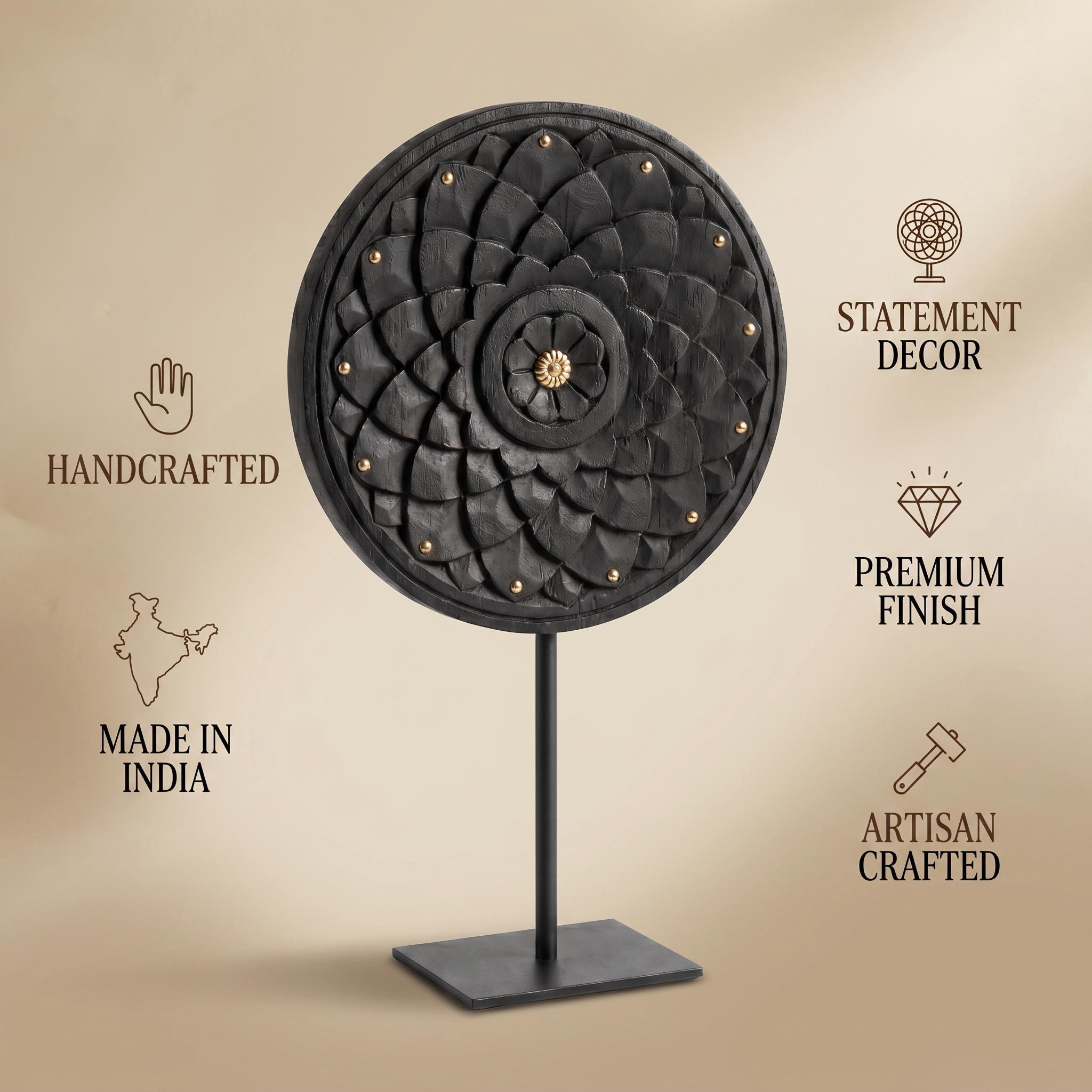 Round Wooden Table Decor | Black - Brass fittings| 15x9x3 Inch