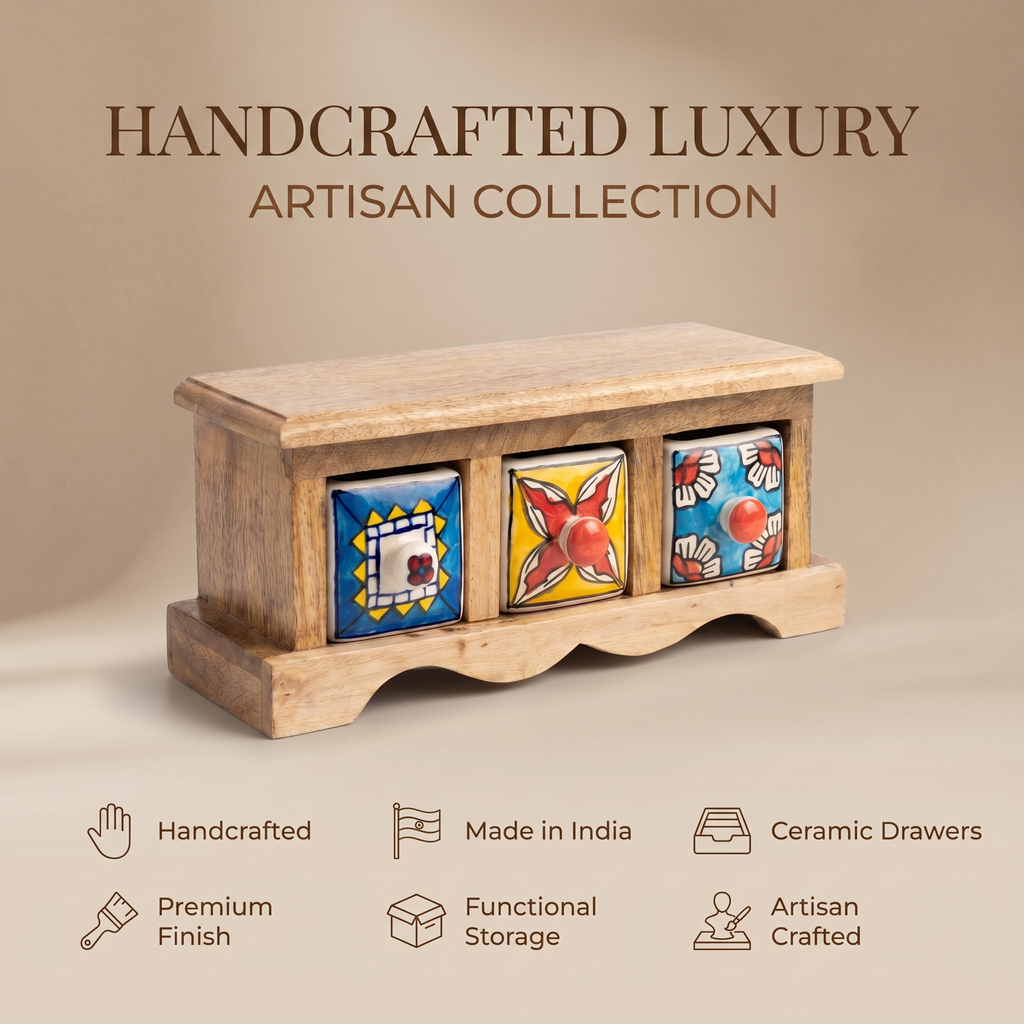 Wooden 3 drawer chest | Ceramic Drawer | 11x4x4.5 Inch