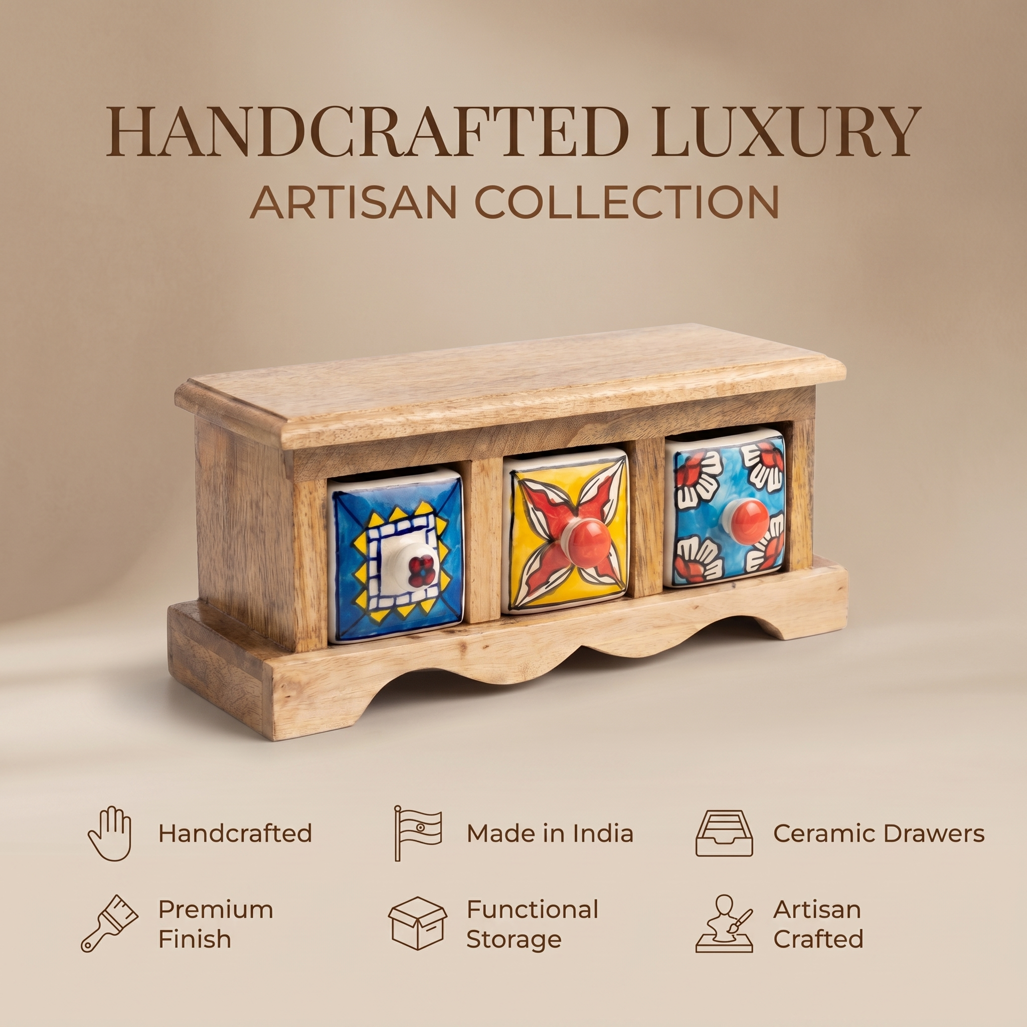 Wooden 3 drawer chest | Ceramic Drawer | 11x4x4.5 Inch