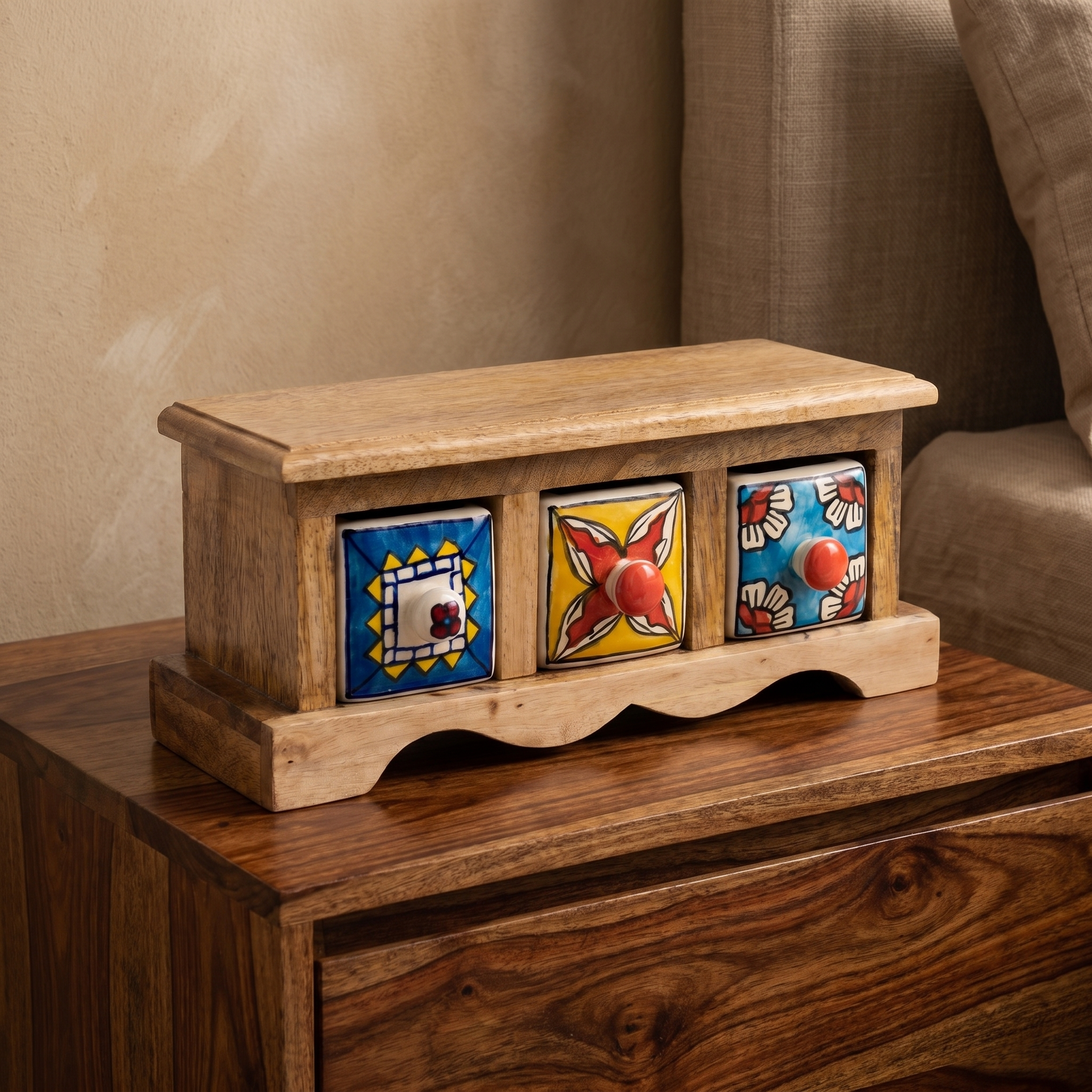Wooden 3 drawer chest | Ceramic Drawer | 11x4x4.5 Inch