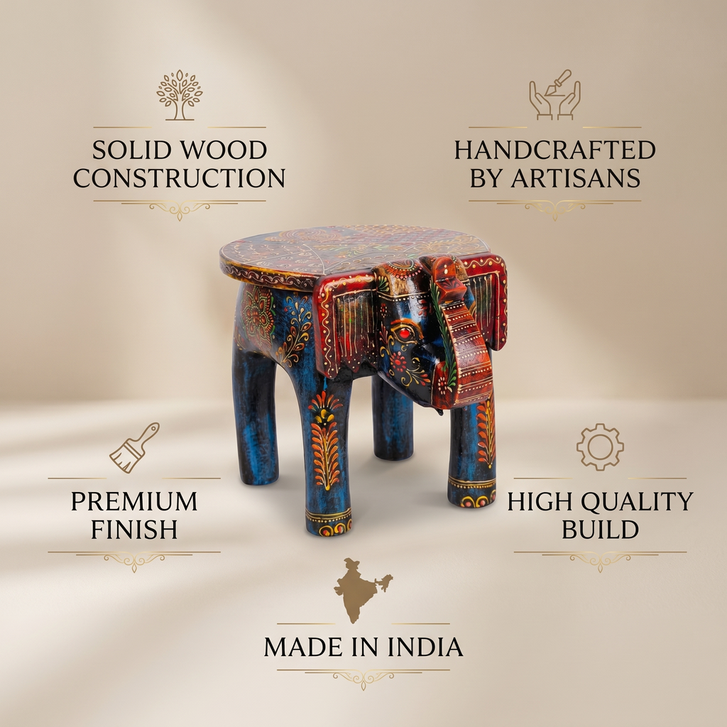 Wooden Elephant Stool | Blue | 27x16x18 cm