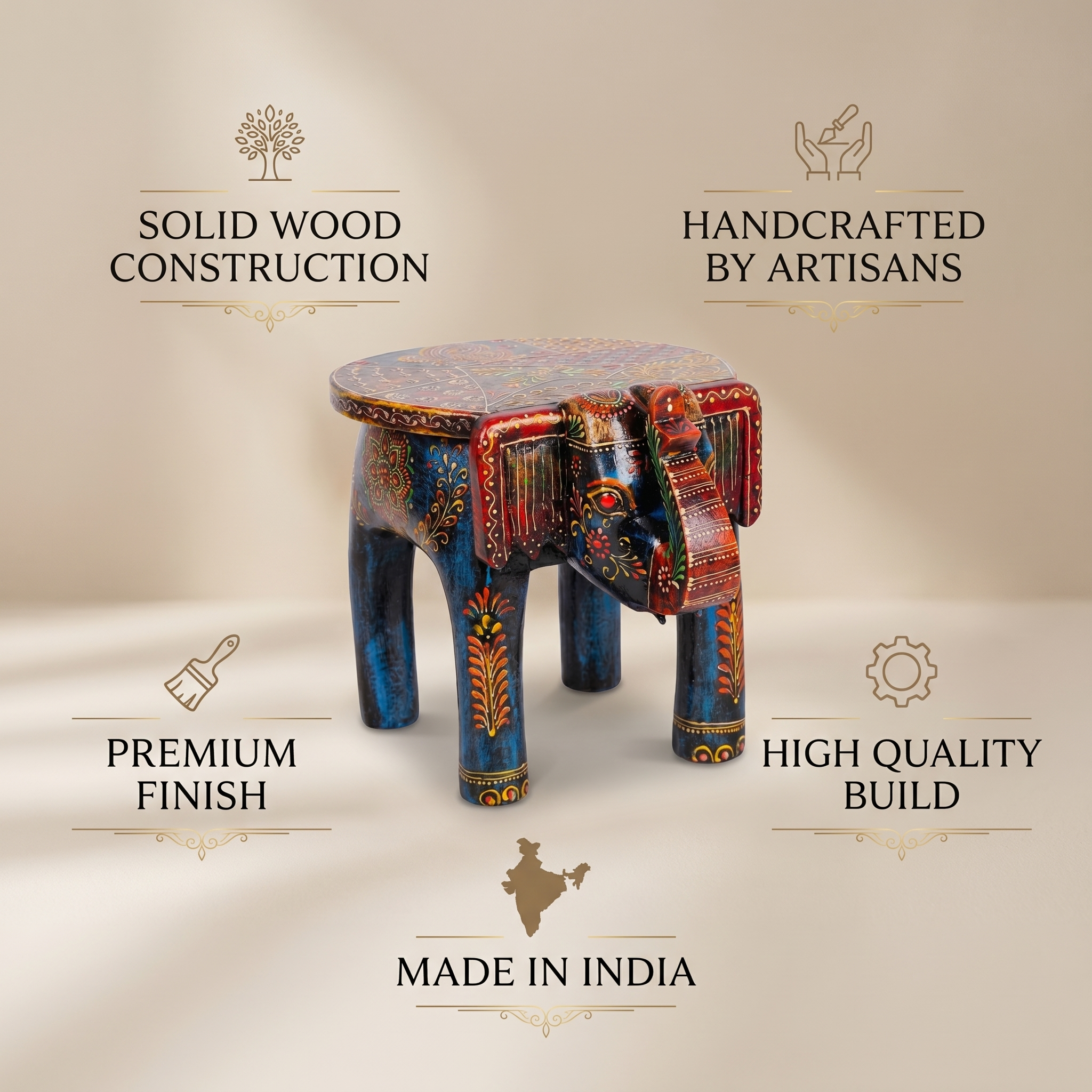 Wooden Elephant Stool | Blue | 27x16x18 cm