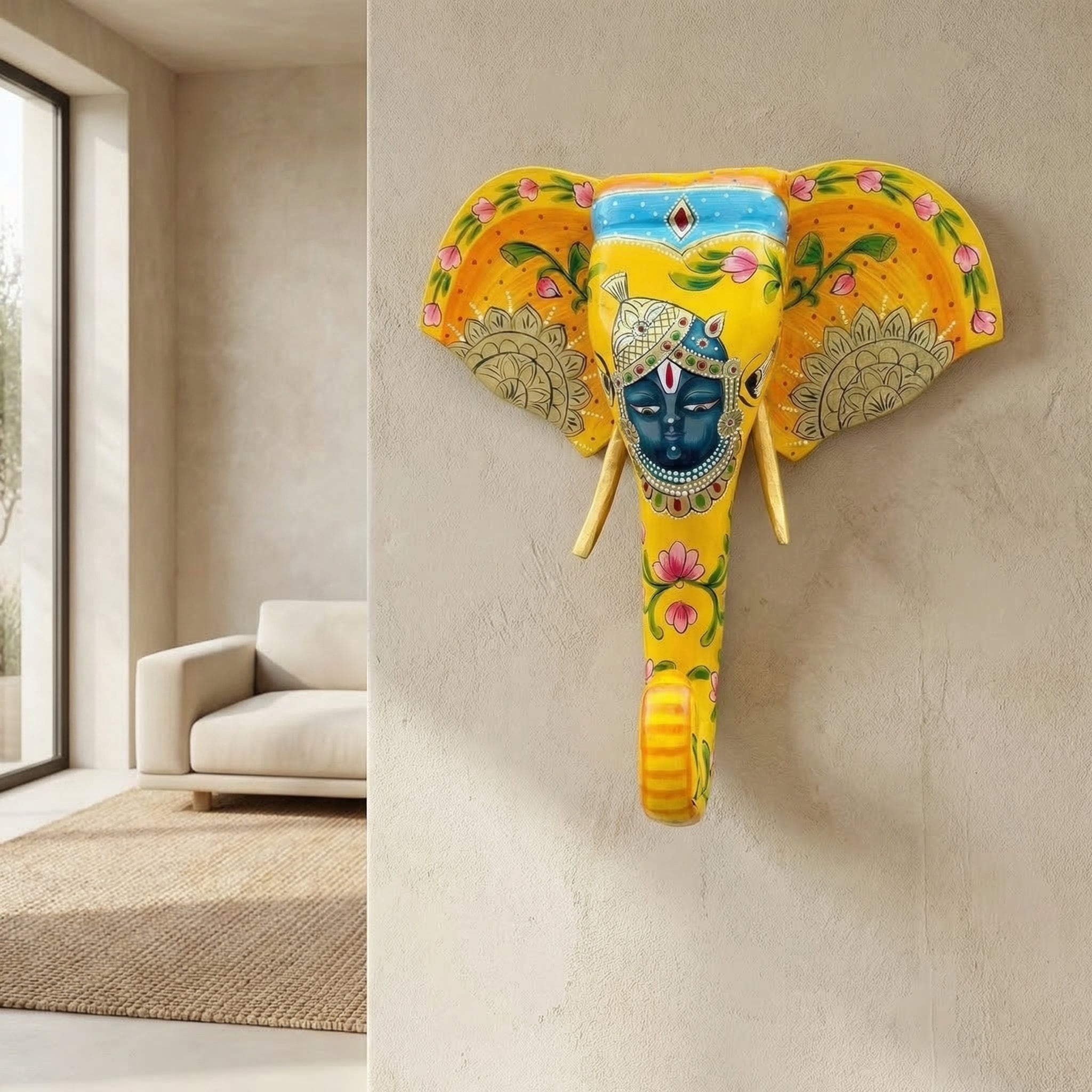 Handpainted Wooden Elephant Decor | Yellow | 15x14x4 Inch