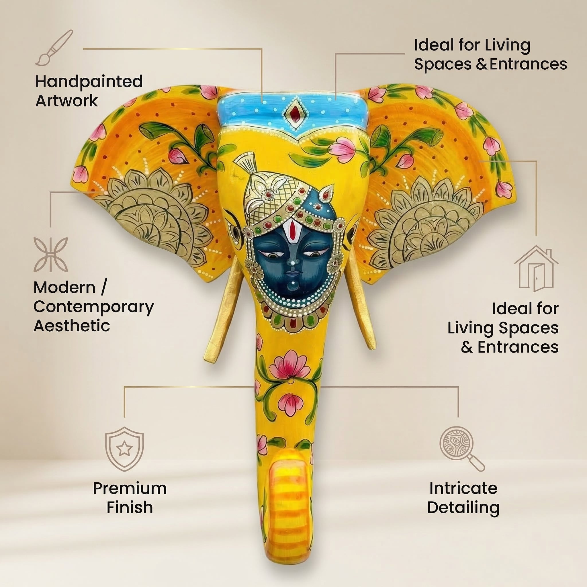 Handpainted Wooden Elephant Decor | Yellow | 15x14x4 Inch