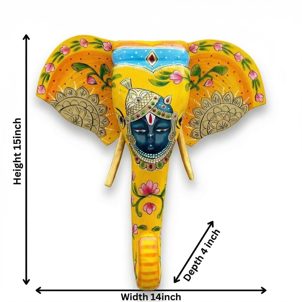 Handpainted Wooden Elephant Decor | Yellow | 15x14x4 Inch